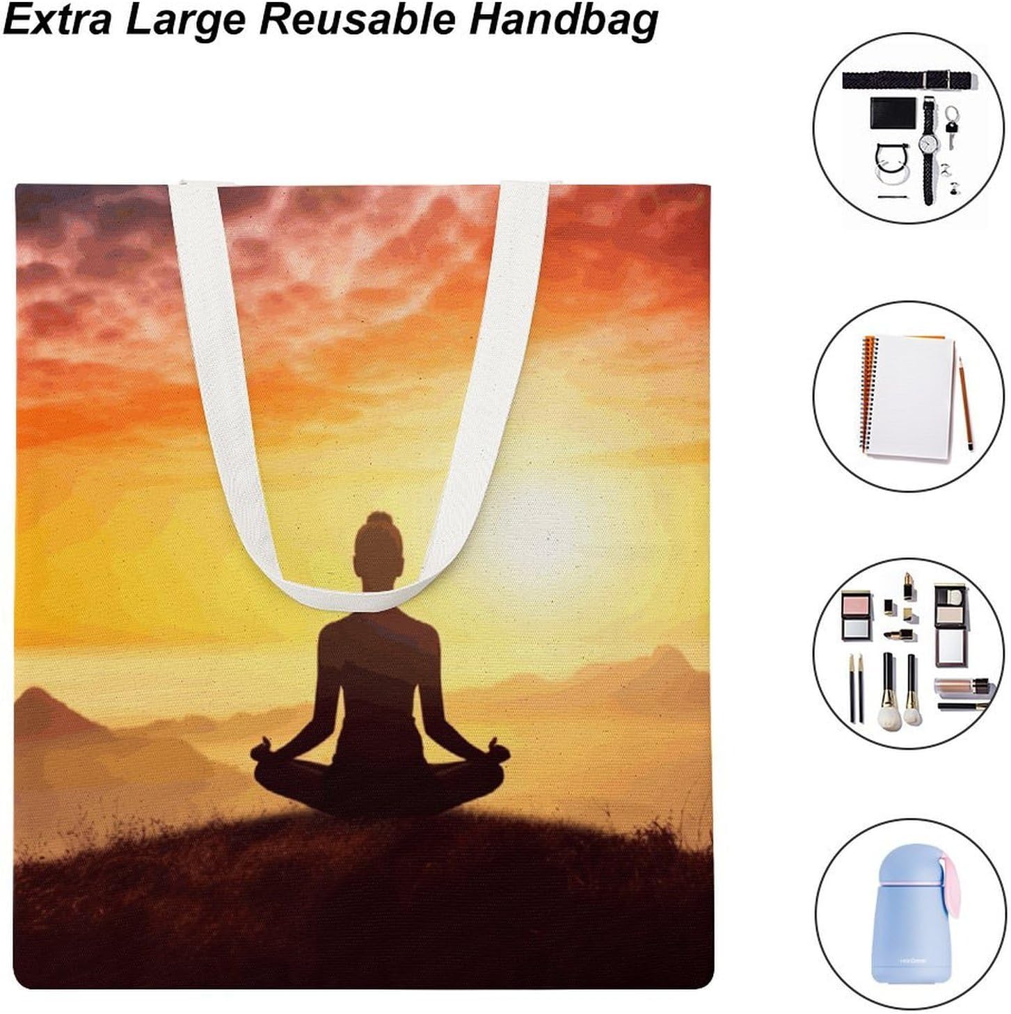 Canvas Tote Bag 16x15 In Lightweight Foldable Shoulder Hobo Purse | Yoga Meditation, Casual Tote with 10" Strap, Everyday Carryall, for Travel Work Grocery Shopping Beach Mark Gym Yoga