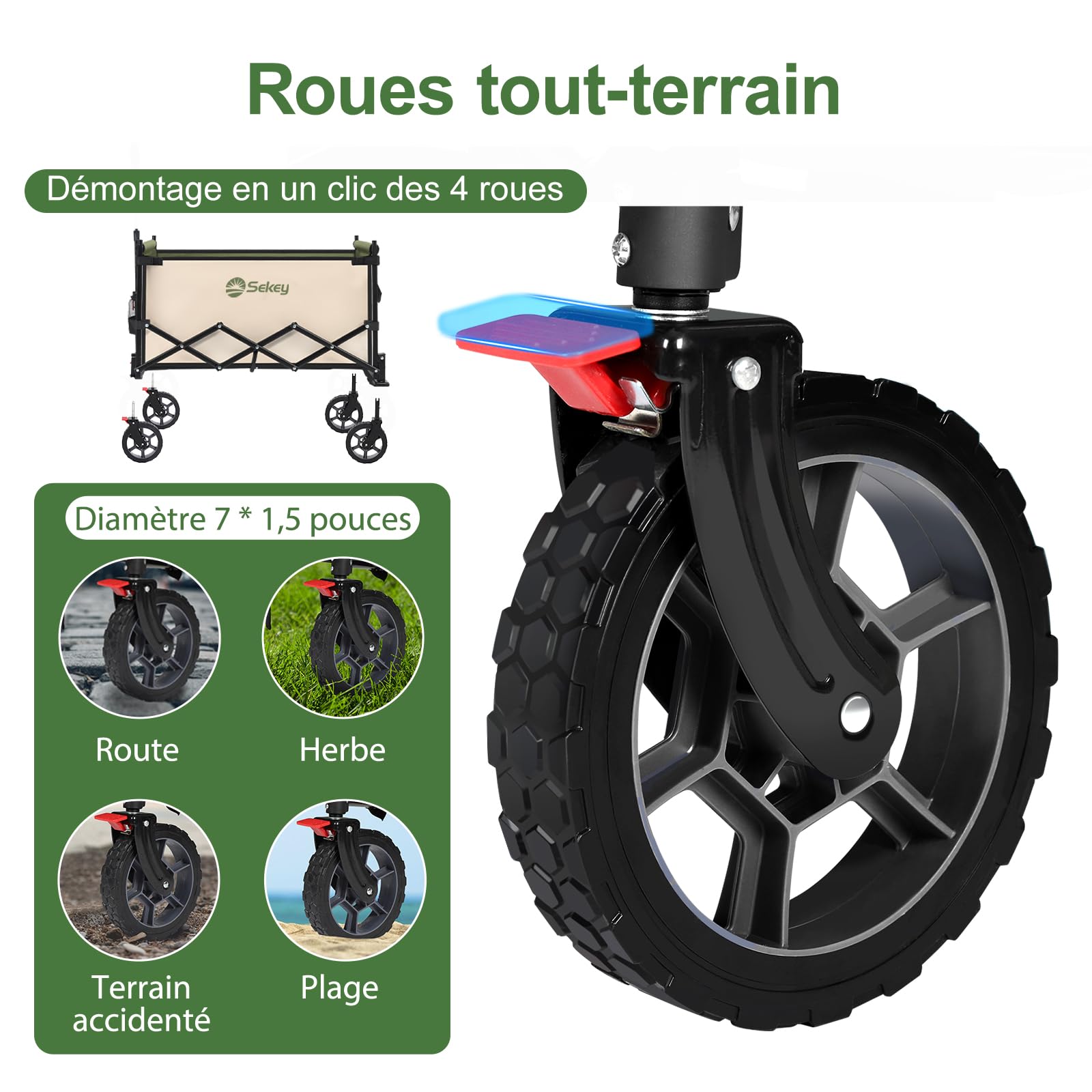 Sekey Chariot de Transport XXL Pliable pour Enfant 150 l 150 kg avec Toit Chariot à Main Pliable avec Protection solaire pour Excursion, Plage, Camping, Toit S 4018, Vert écologique