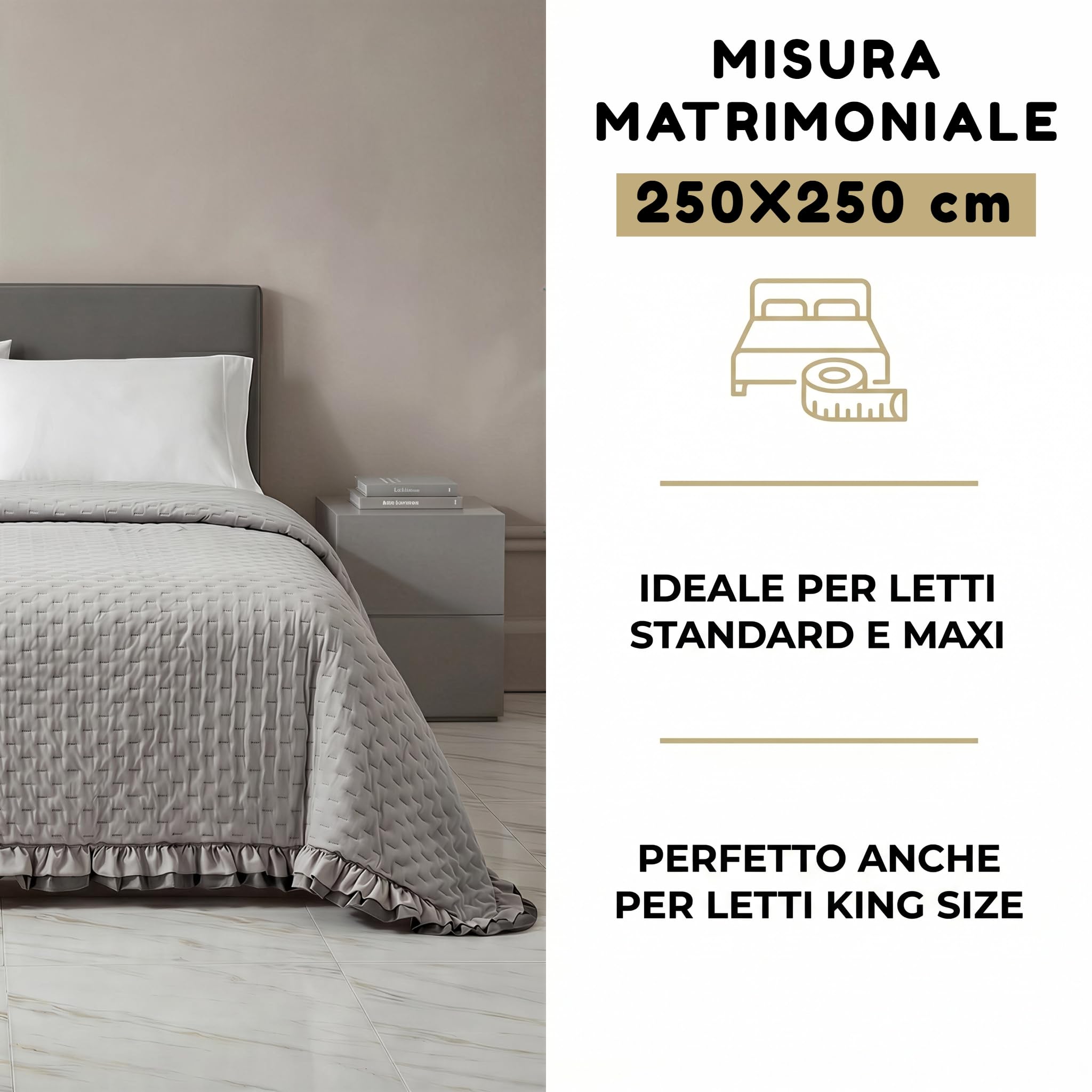 Riad Arredo Colcha de matrimonio de doble cara con volantes de primavera de verano suave microfibra – Colcha acolchada ligera elegante Shabby (gris/antracita)