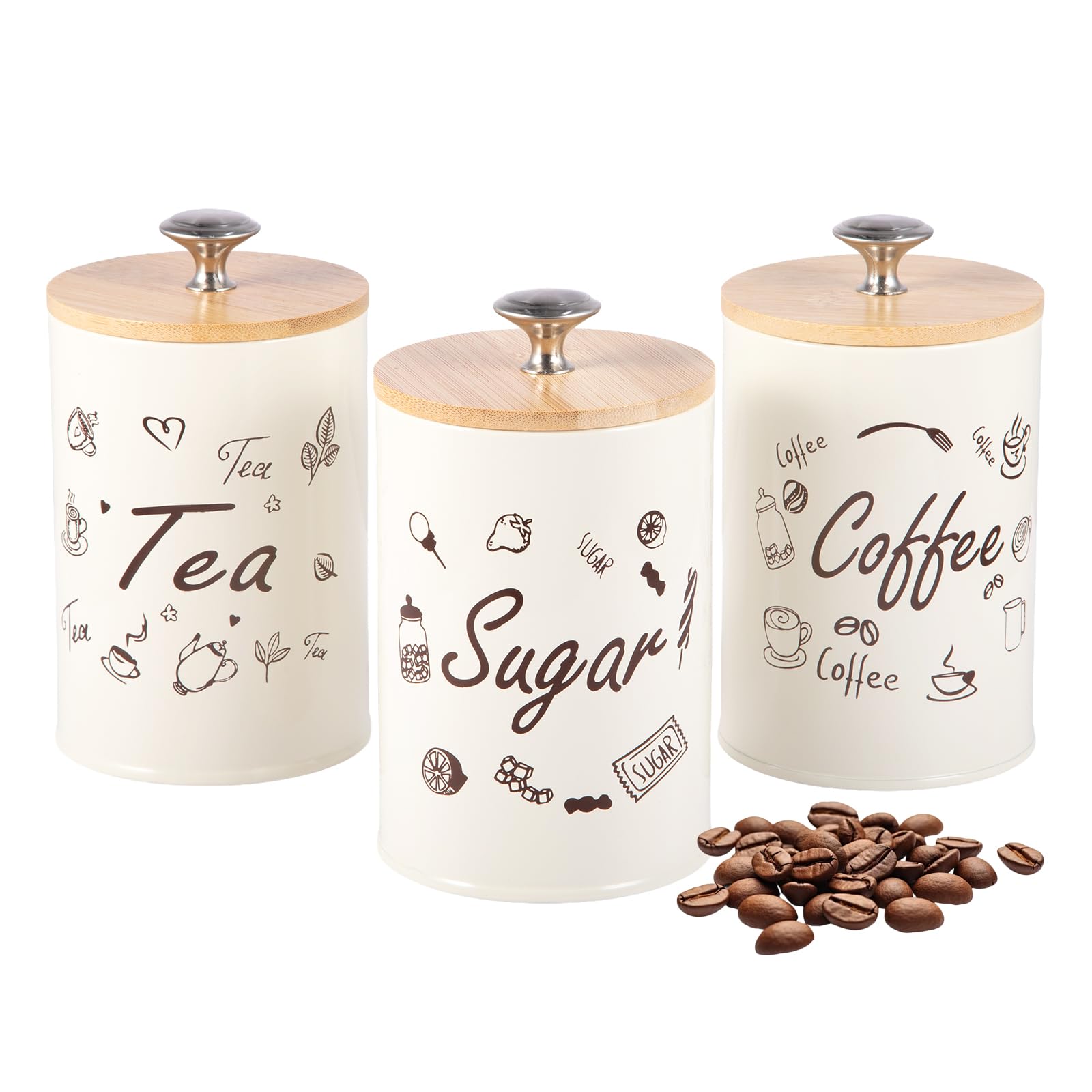 Evergoods Coffee Tea Sugar Canisters Set Of 3 Airtight Metal Kitchen Storage Tins With Wooden Lids Food Grade Tea Sugar Containers For Kitchen Counter Organization 15.8Cm H