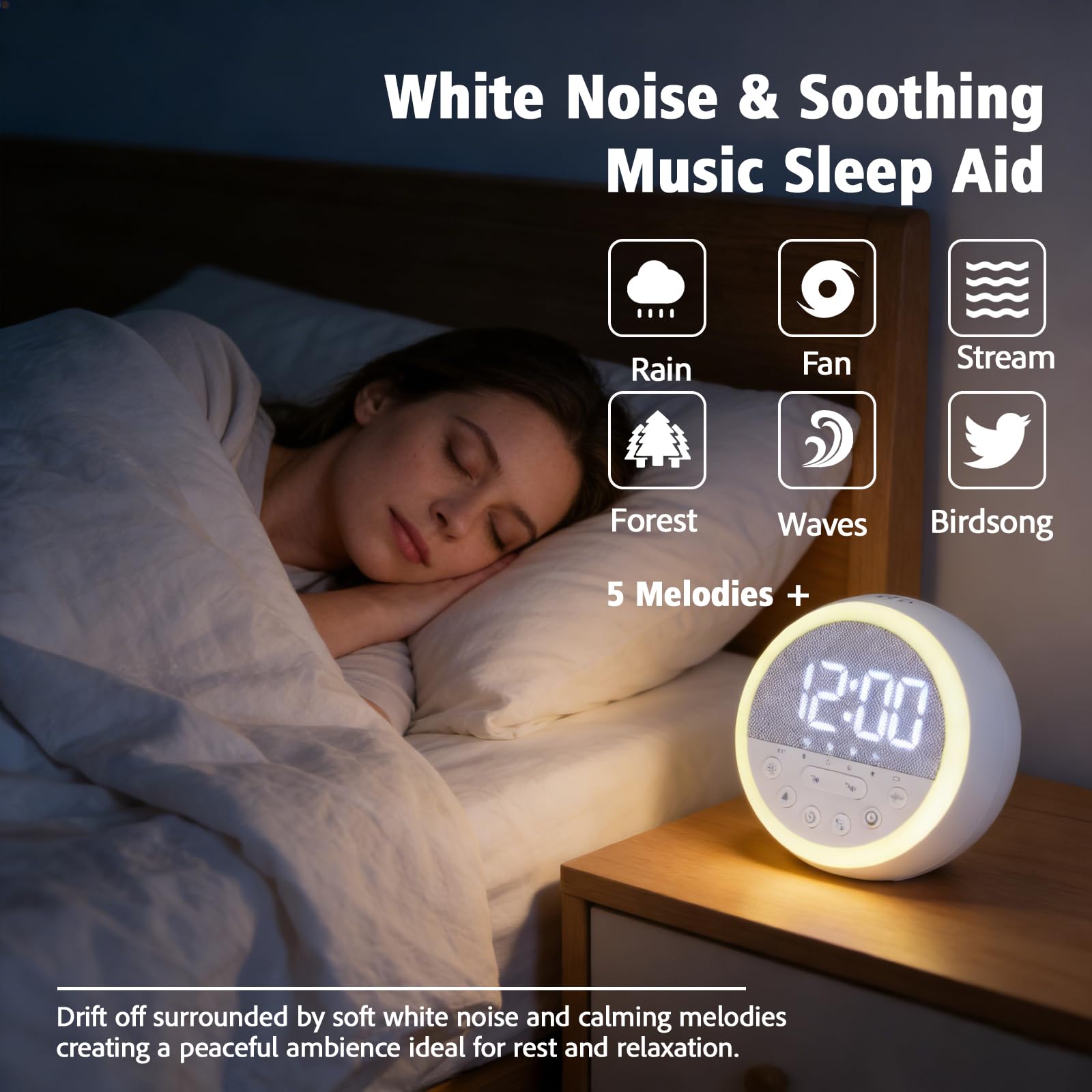 Gemmac White Noise Sound Machine Nachtlicht Wecker Einschlafhilfe Erwachsene LED Nachtlicht Wecker Digital mit Timer, USB Weißes Rauschen Sleep Besser Schlafen Alarm Clock Büro Reise Schlafzimmer