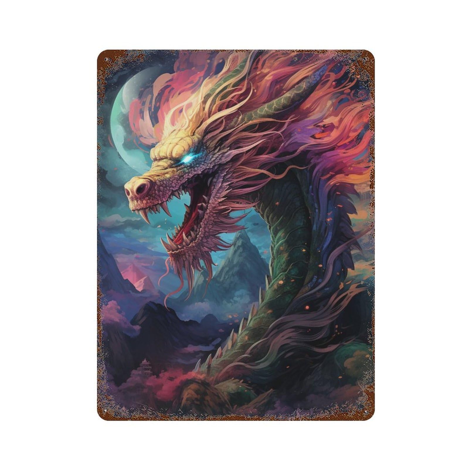 Dragon Fantasy Artwork -7 Distressed Metal Wall Sign 15.7"x11.8", Industrial Home Decor for Garage, Pub Or Kitchen