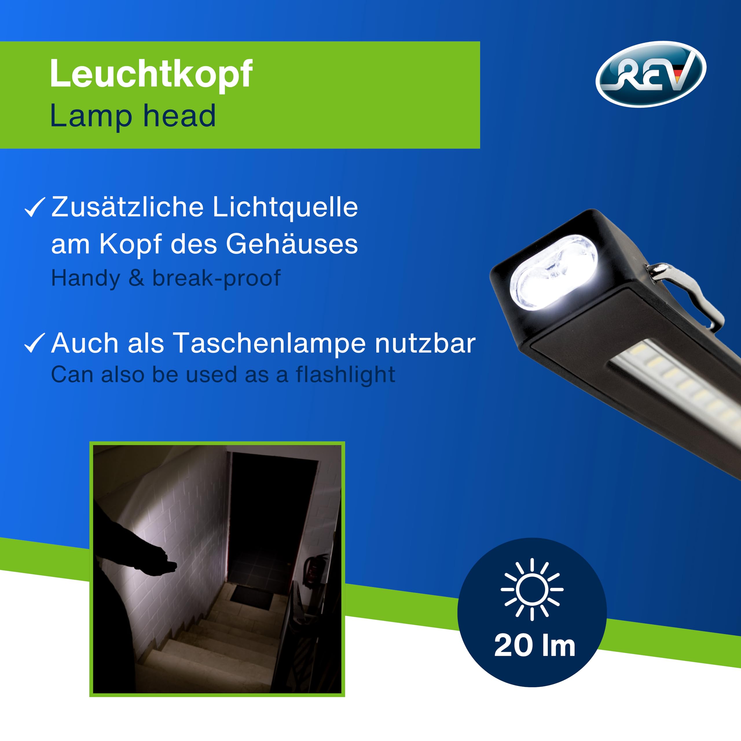 REV LED Arbeitsleuchte - Kompakte Akku Handlampe mit klappbarem Standfuß & Aufhängehaken, Inspektionslampe - ideal für Werkstatt & KFZ, grau