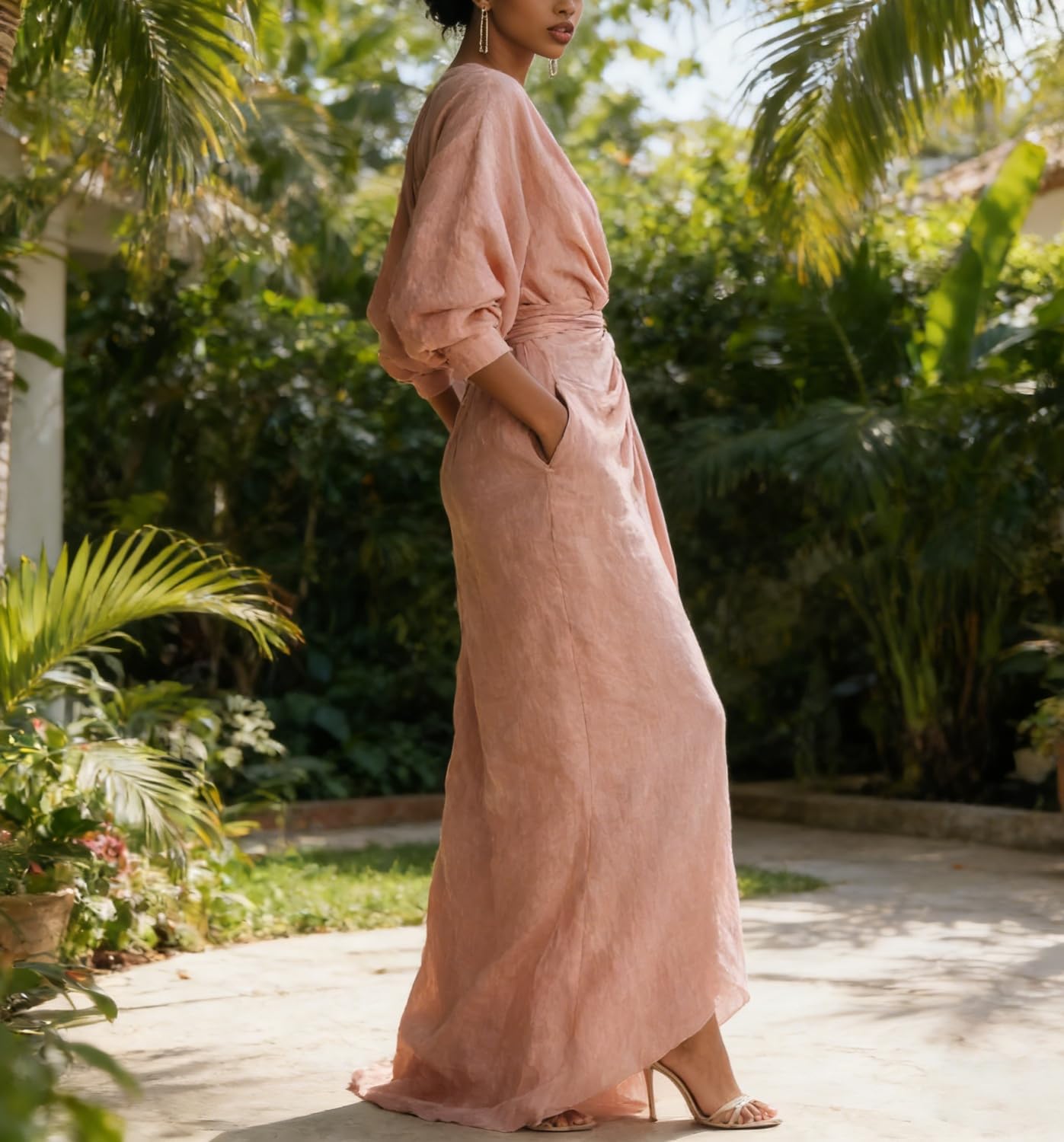 Abito extra lungo da donna in lino e cotone con scollo a V, maniche lunghe, increspato, cravatta in vita, asimmetrico, orlo diviso, retrò, elegante, per feste