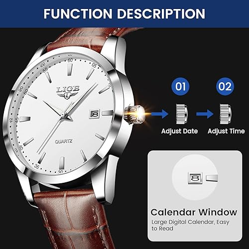 Miniatura 4 de LIGE Relojes para hombre impermeable analógico vestido vintage cronógrafo analógico casual cuero negro acero inoxidable único movimiento de cuarzo