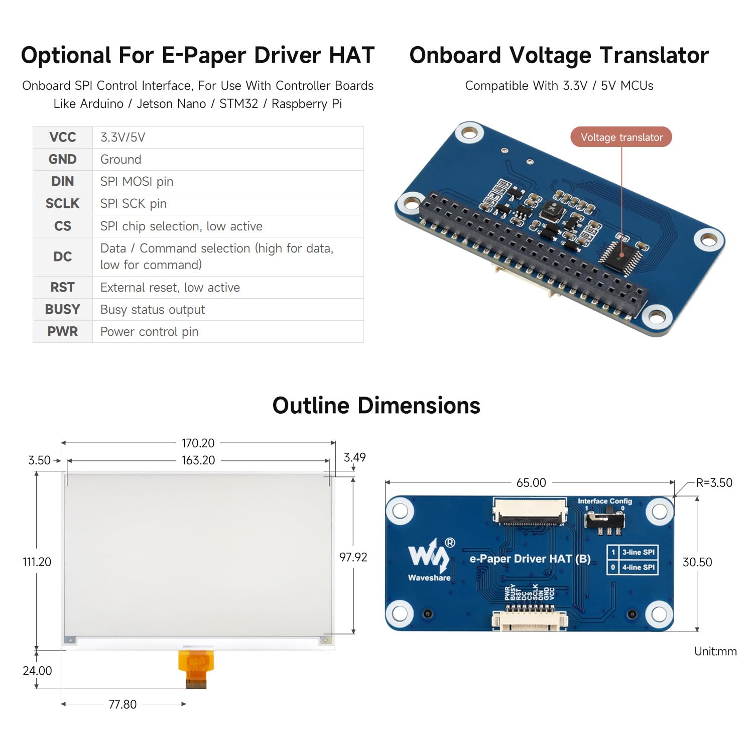 Waveshare 7.5inch e-Paper Display (H), e-Ink Display, 800x480, Red/Yellow/Black/White, SPI Interface, Without Driver Board, Raw Display Only