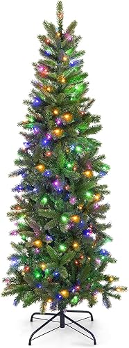 Miniatura 8 de HAPPYGRILL Árbol de Navidad artificial preiluminado de 6 pies, árbol de Navidad con bisagras con 475 puntas de rama, 250 luces LED blancas frías,