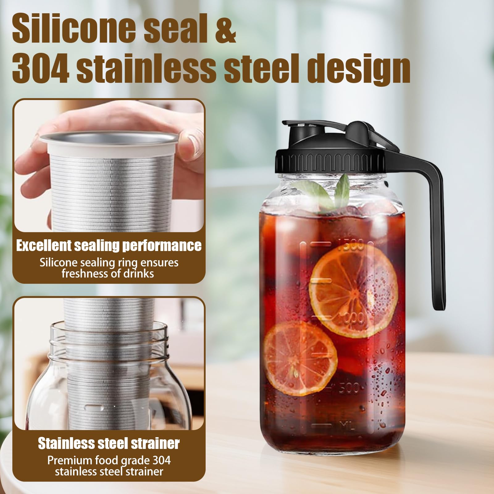 Cafetière à infusion froide 2 L en acier inoxydable pour café glacé et thé glacé
