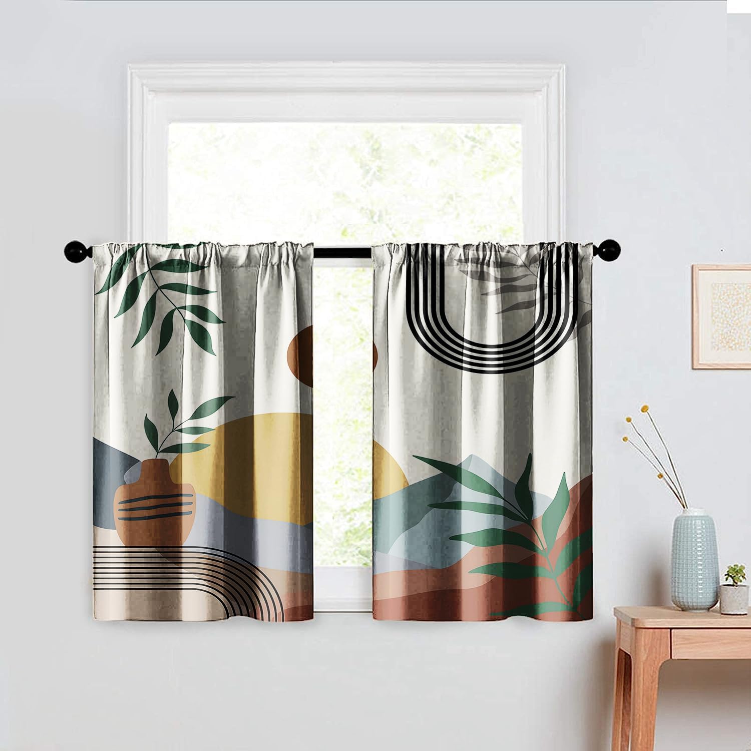 SongYi Boho Short Curtains for Windows, Blackout Thermal Small Window Curtains for Kitchen Cafe Bedroom Bathroom, Mid Century Abstract Art Decorative Rod Pocket Curtains 2 Panel Set, 30"x30"