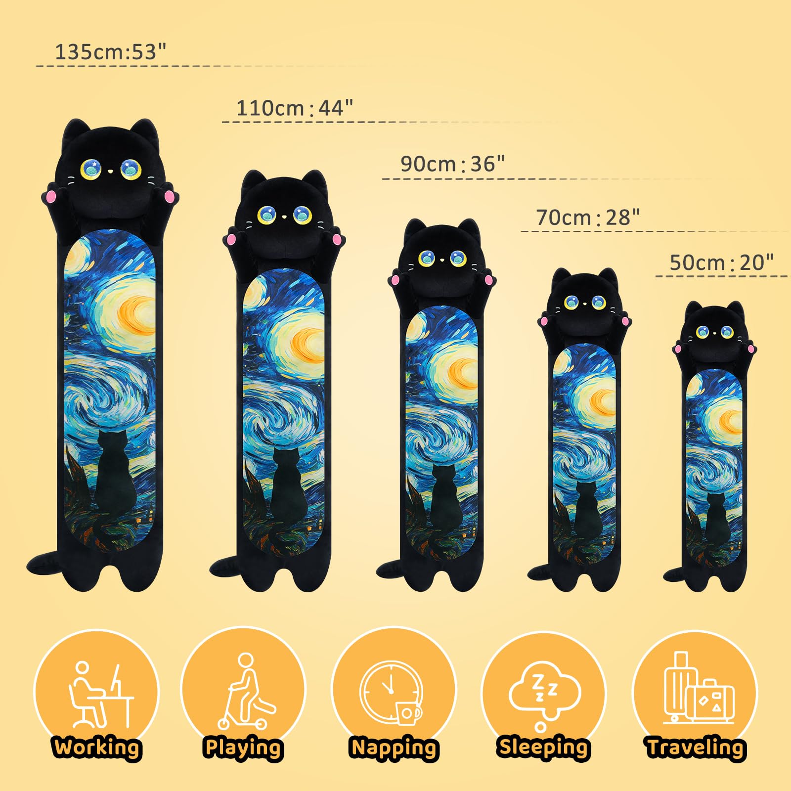 Mewaii 44” Long Cat Plush Body Pillow, Cute Black Cat Stuffed Animals Kawaii Plushies - Image 4