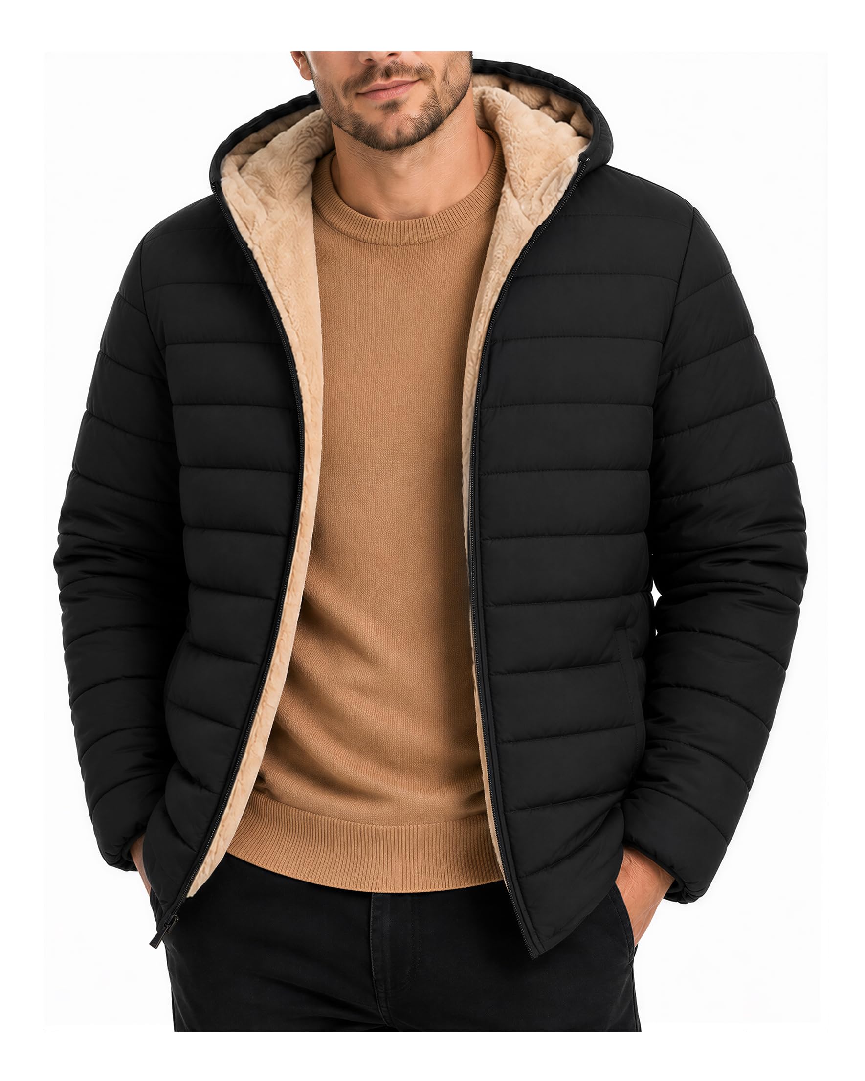 Men Puffer Winter Jacket Hooded Sherpa Waterproof Windbreaker Winter Coat for Travel Hiking Skiing Casual Work