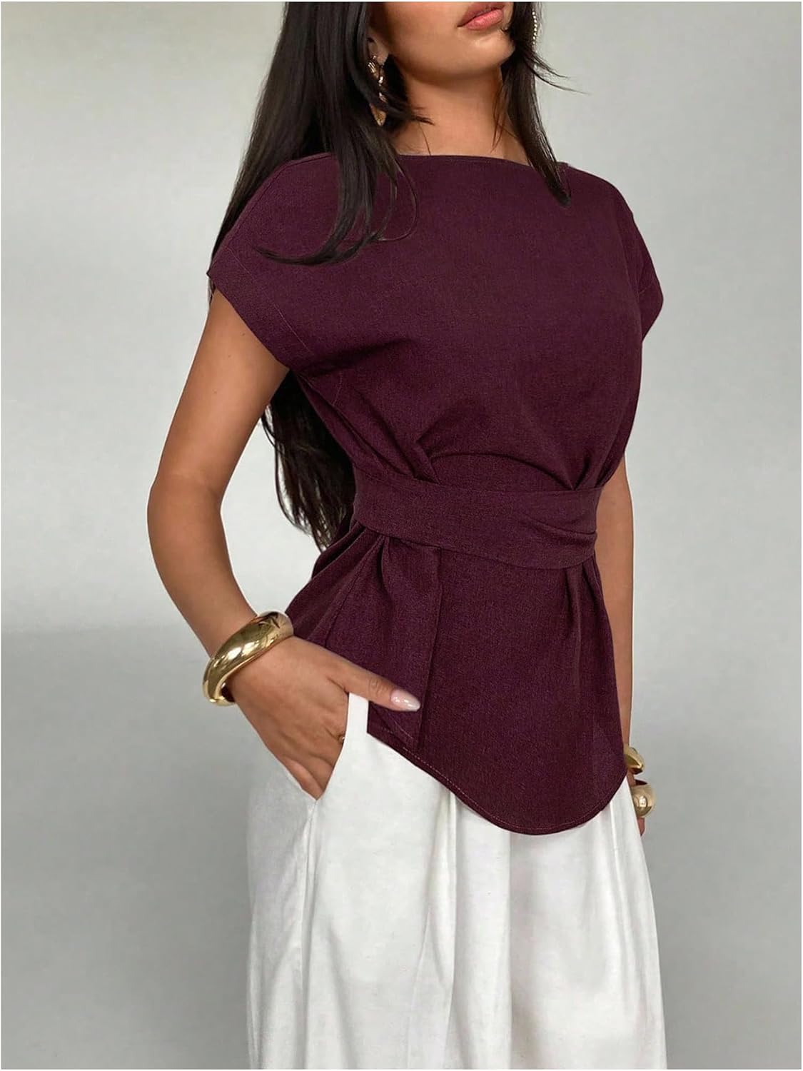 Floerns Women's Dolman Sleeve Blouse Top Cross Wrap Boat Neck Tie Back Dressy Casual Shirts