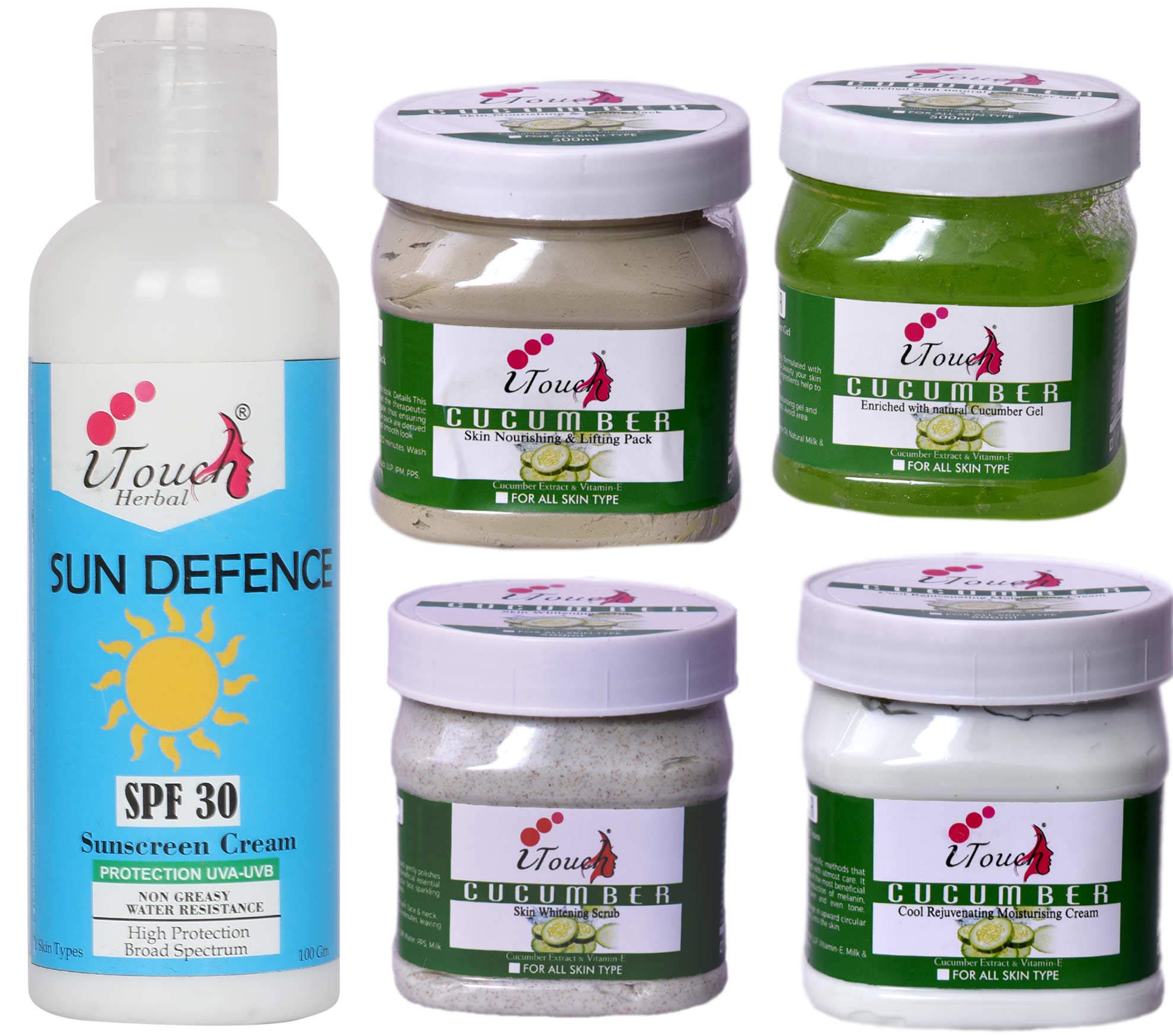 I TOUCH HERBALCUCUMBER SCRUB , CREAM , PACK , GEL 500 ML X 4 + SUNSCREEN LOTION SUN DEFENCE S.P.F 30 -100 ML (PACK OF 5)
