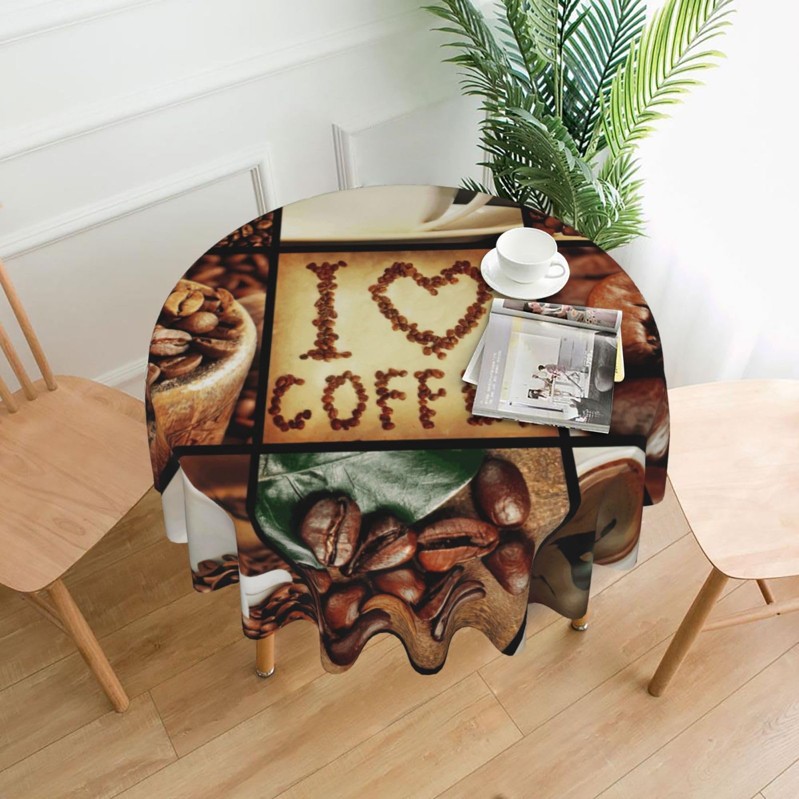 SDEGTHO coffee collage Print Modern Retro Round Tablecloth 60in Polyester Fabric Cover for Party Dining Table Washable