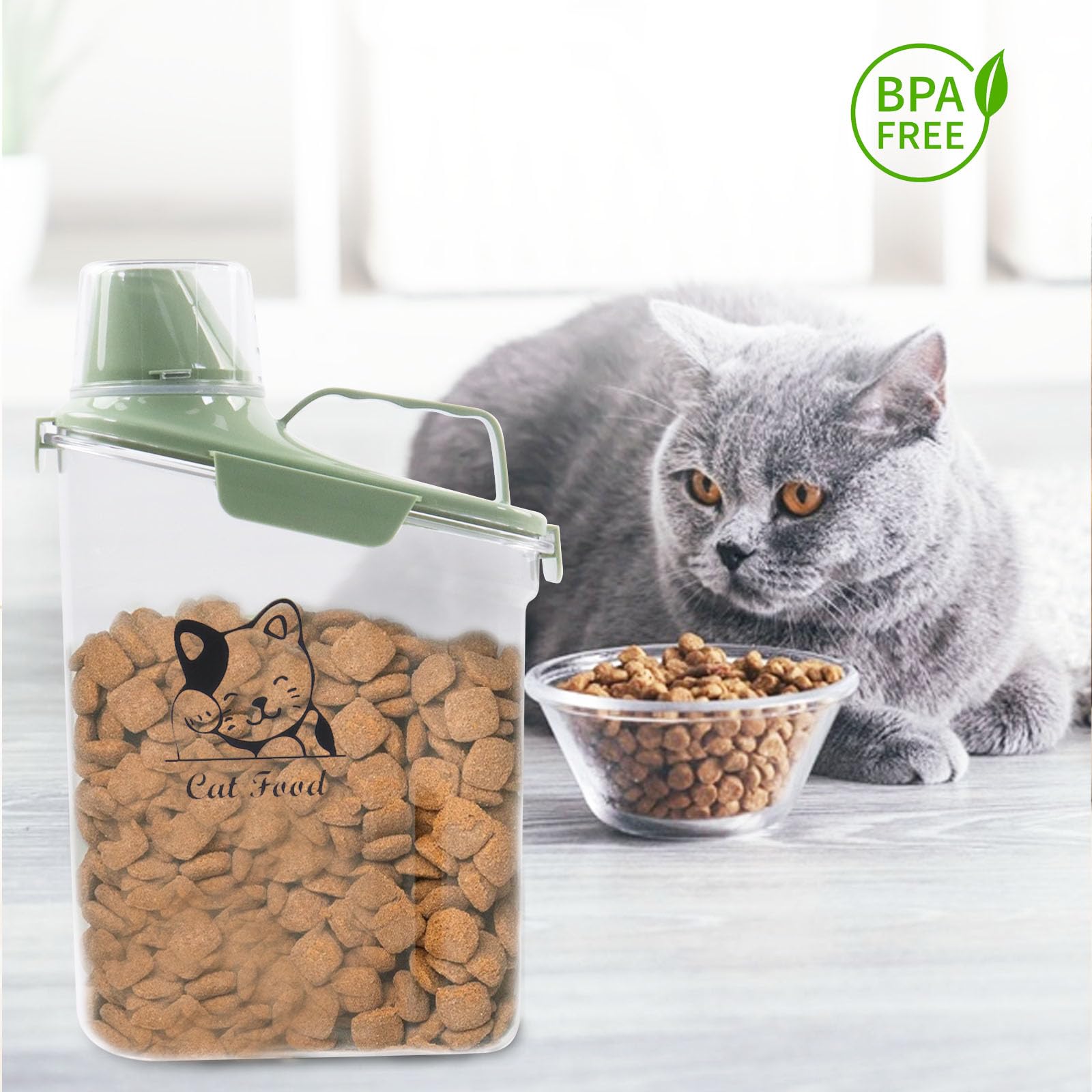 Boîte de rangement nourriture chat 2,8 l, récipient transparent pour croquettes chat chien avec gobelet doseur, bec verseur étroit et poignée portable, boîte à croquettes pour maison et voyage, Vert