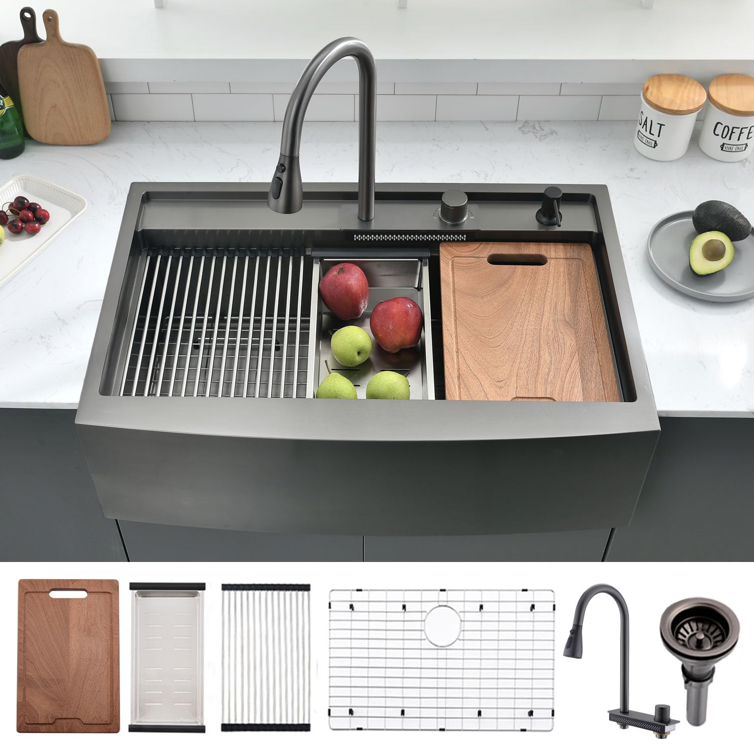 Photo 1 of 33 Inch Farmhouse Kitchen Sink Splash Guard Waterfall Workstation Black- VOKIM 33x22Inch Apron Front Kitchen Sik Stainless 16 Gauge Farm Sink With Multifunctional Top Loading Flying Rain pull-out 33"L x 22"W x 10"D Black ?Waterfall?