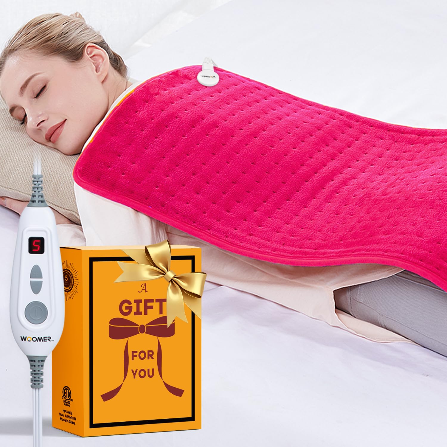 WOOMER - Cuscinetto termico elettrico per alleviare dolori alla schiena e crampi, 43,2 x 83,8 cm, extra grande, cuscinetto termico con opzione multicolore, funzione termica di terapia a umido,