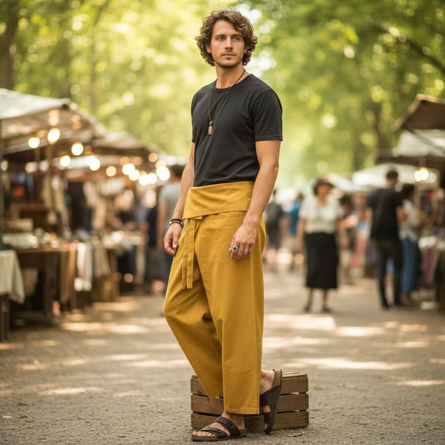 GURU SHOP Pantalon de pêche thaïlandais en coton solide, pantalon portefeuille, pantalon de yoga, taille unique, homme/femme, bleu, taille : taille unique