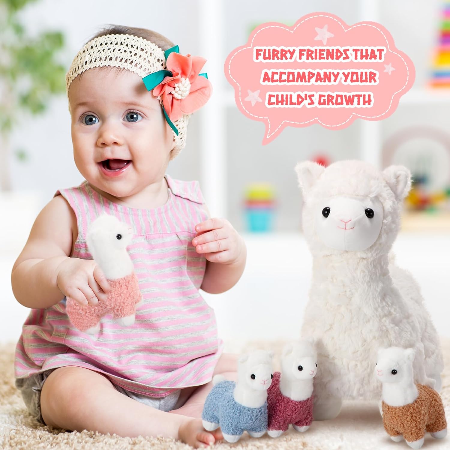 Lenwen 5 Pcs Llama Stuffed Animal Llama with Babies 14 Inch Mommy Alpaca with 4 Cute Plush Babies in Her Belly Soft Cuddly Plushie for Toddler Boy Girl Birthday Baby Shower Party Favors