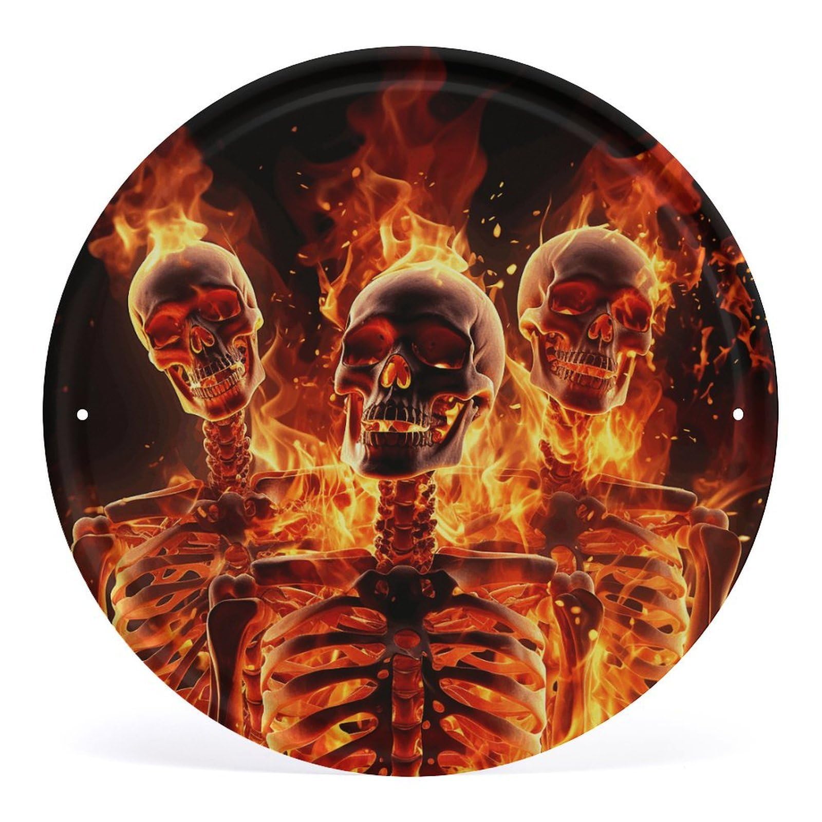 Fodpand Style Fire Skeletons Round Wall Art Hanging Decorations, Wall Decor Modern Minimalist Artwork, Tin Sign Hanging Picture For Living Room, Bedroom, Office, Hallway, 11.8X11.8 Inch