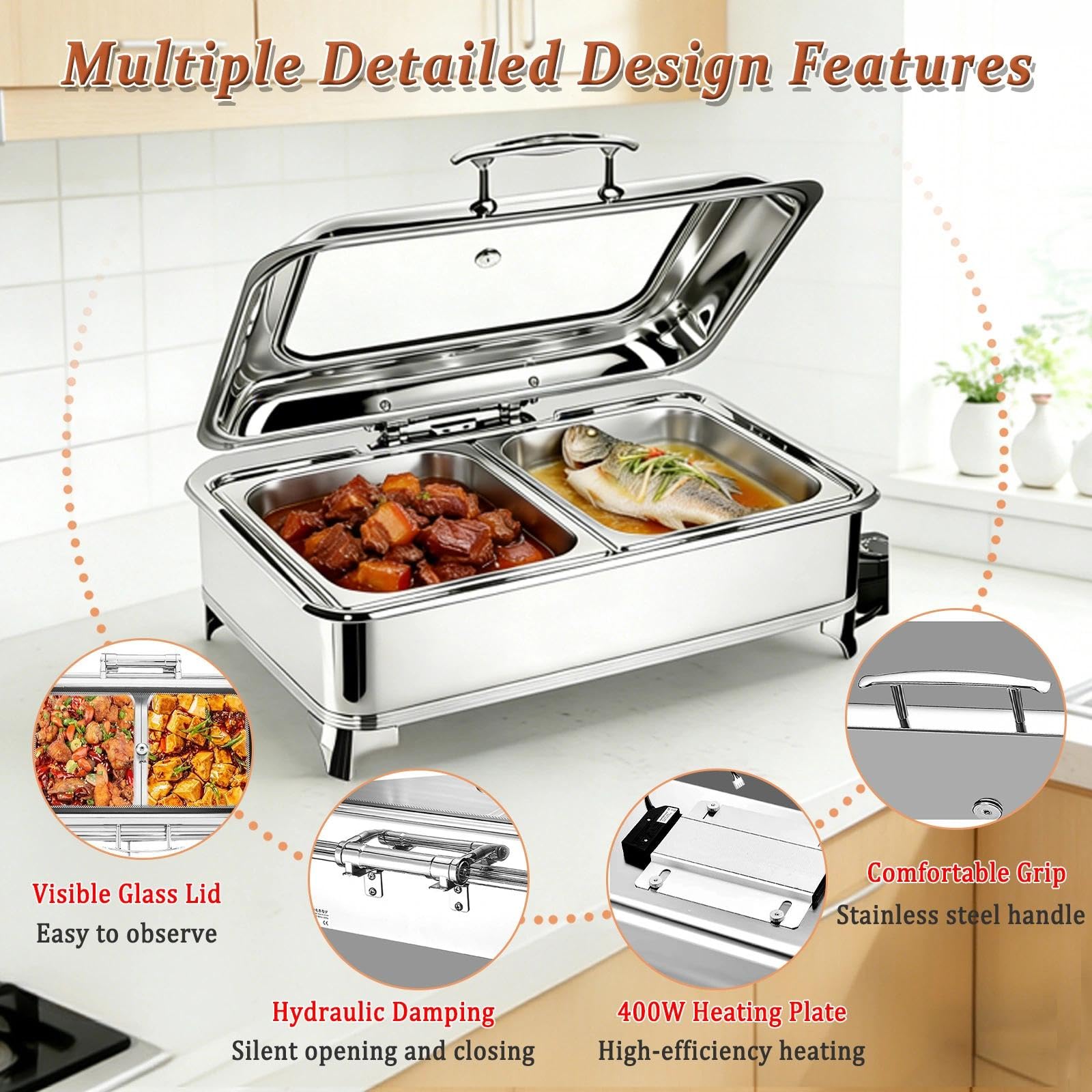 Chafing Dish Buffet Elettrico, 9L Contenitore Scalda Cibo Professionale con Coperchio in Vetro Trasparente, Scaldavivande Buffet Elettrico per Buffet, Feste e Banchetti(FYLL Pan)