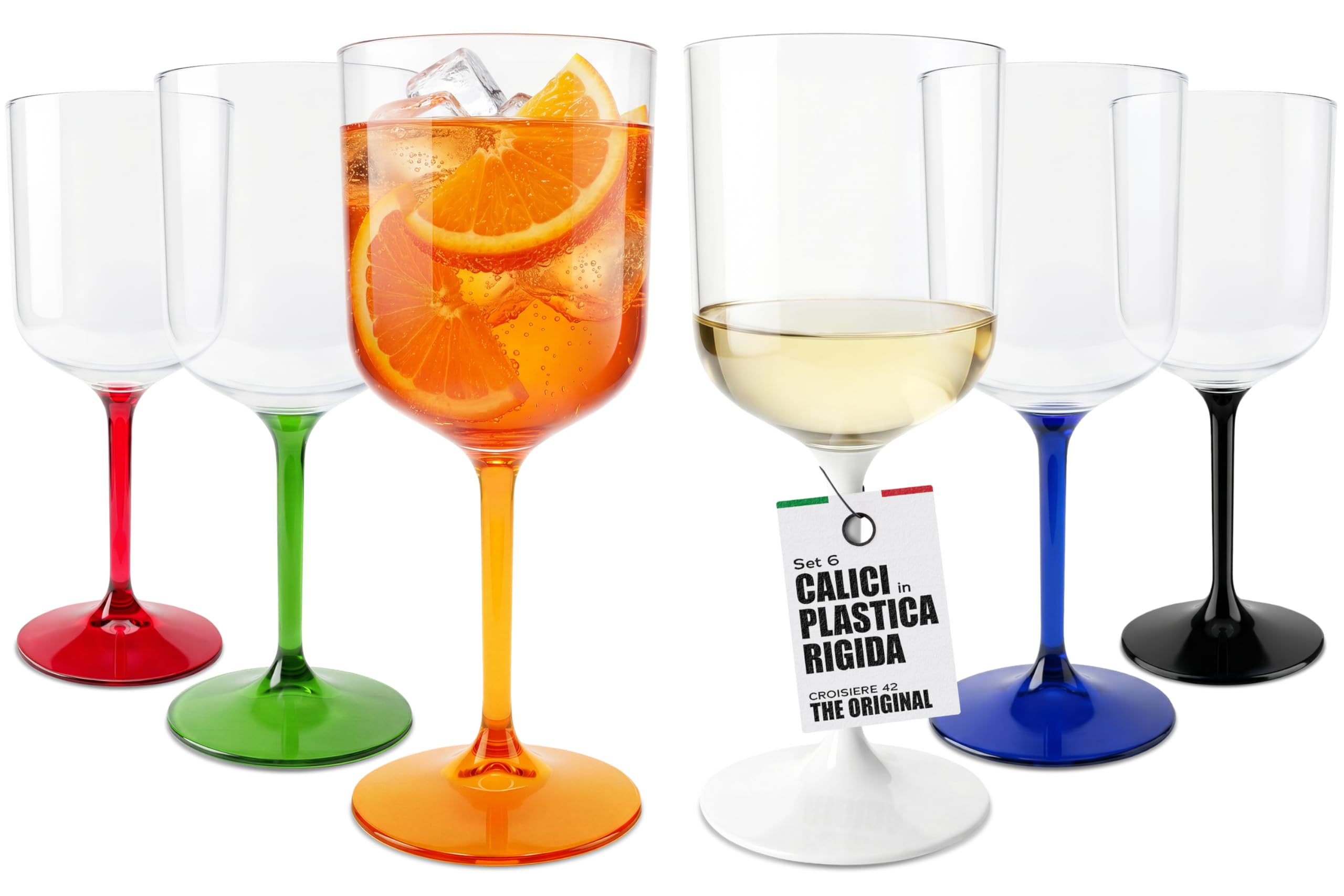 TUNDRA - Set 6 Calici Plastica COLORATI per Vino e Cocktail | CROISIERE 42 cl. | INFRANGIBILI, in Tecnoglas® (Plastica Rigida), BPA-Free, Riutilizzabili e Lavabili in Lavastoviglie (Multicolor)