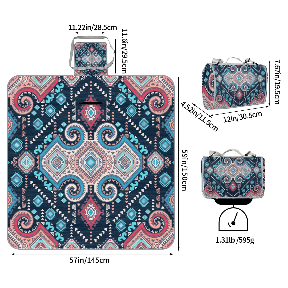 Shimoshe Picnic Blankets 57”x 59”, Colorful Bohemian Flower Pattern Waterproof Sandproof Picnic Mat Lightweight Foldable Beach Blanket for Camping Park Grass Beach Outdoor Blanket