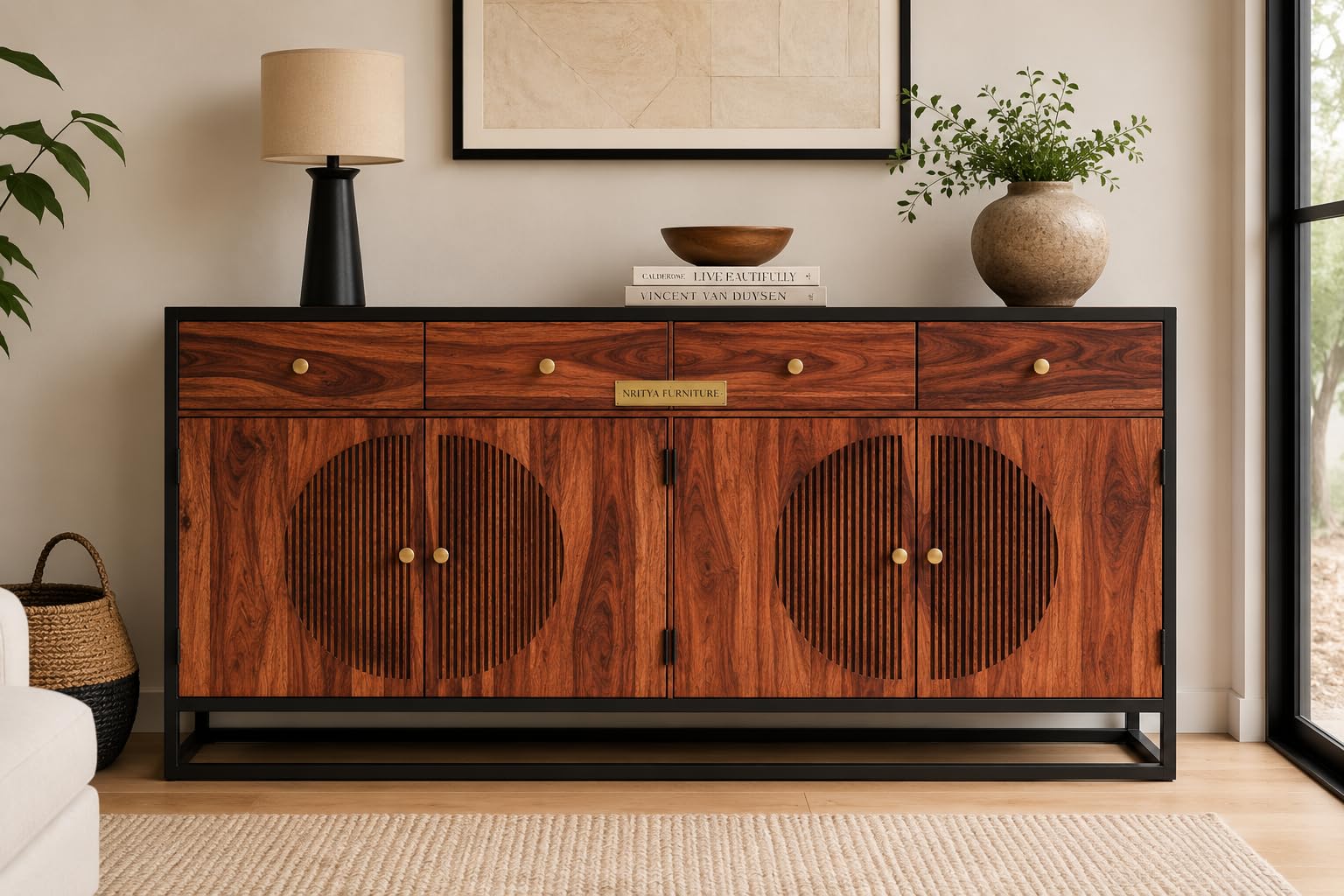 Solid Sheesham Wood Sideboard Cabinet for Living Room | Wooden Buffet Cabinet| Console Cabinet | Entryway Storage Cabinet | Modern Wooden Storage with Drawers & Shelves (NATURAL, 65*18*34)-image-22