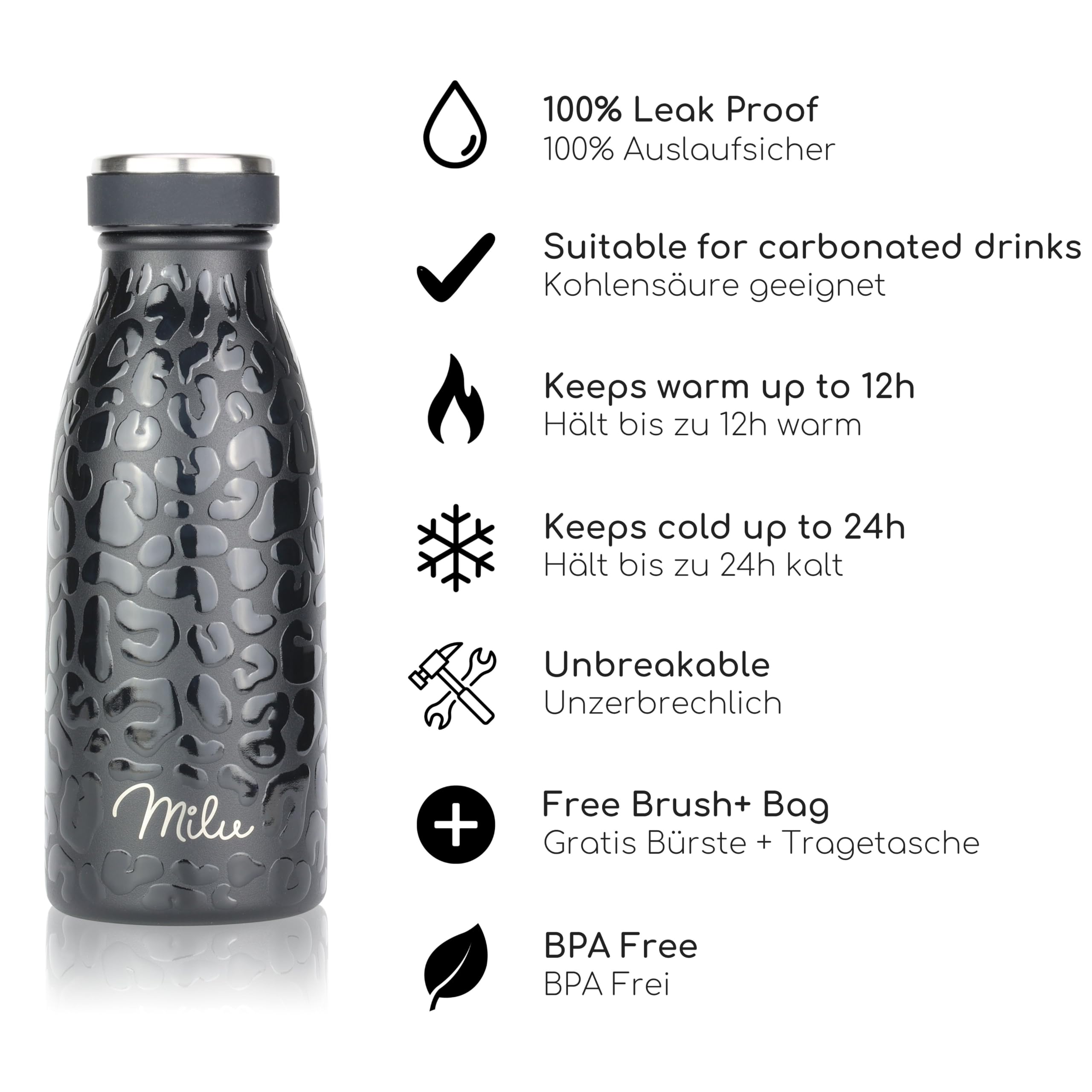 Milu Stainless Steel Drinking Bottle 350 ml, Insulated Thermo Flask for Water, Leak Proof, Insulated and Double Walled - Image 2