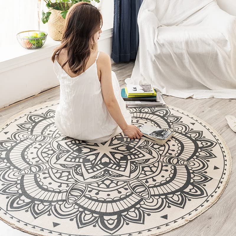 LIULA 3Ft Round Cotton Area Rug, Chic Decorative Boho Mandala Circle Rug with Tassels, Washable Indoor Floor Throw Area Rug for Living Room, Kid Playroom, Nursery Room