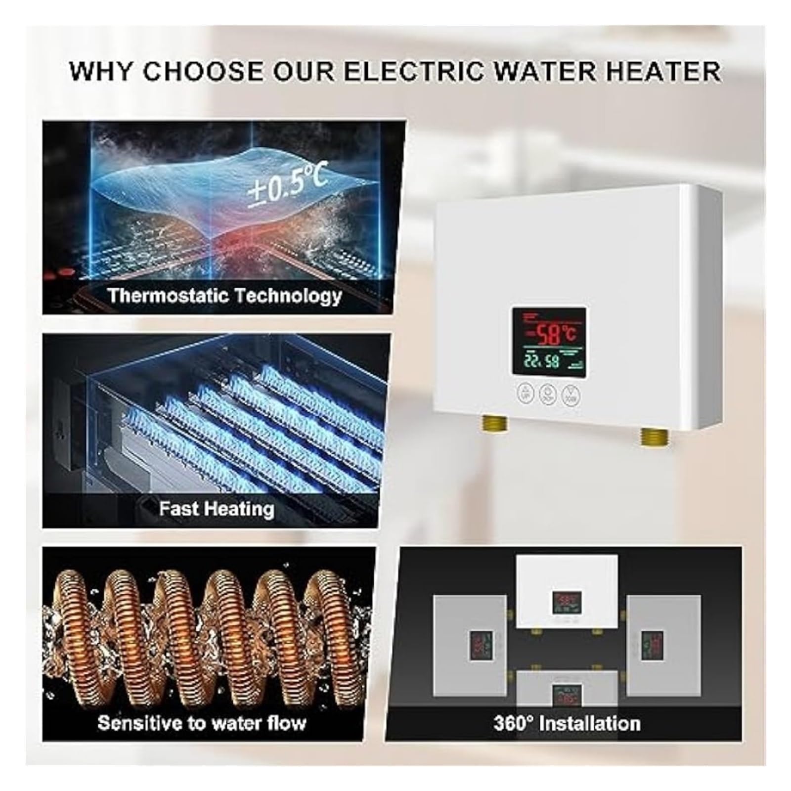 Calentador De Agua Eléctrico Sin Tanque 3000 W Con Control Remoto Y Pantalla LED - Automático Función Autoprueba Fallas Compacto y duradero