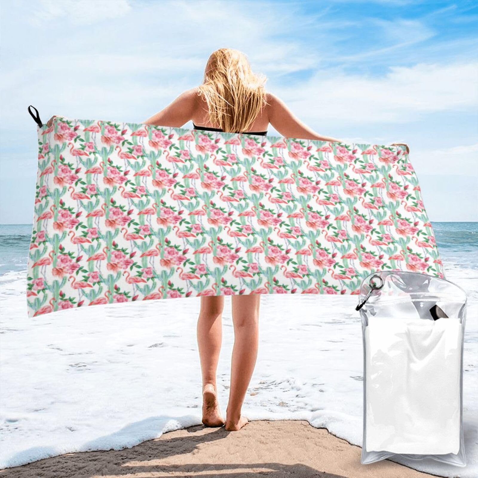 Jiuty White Cactus Flamingo Rose Flowers Print Fast Dry Beach Towel Portable For Swimming Travel Gym Hiking Gift