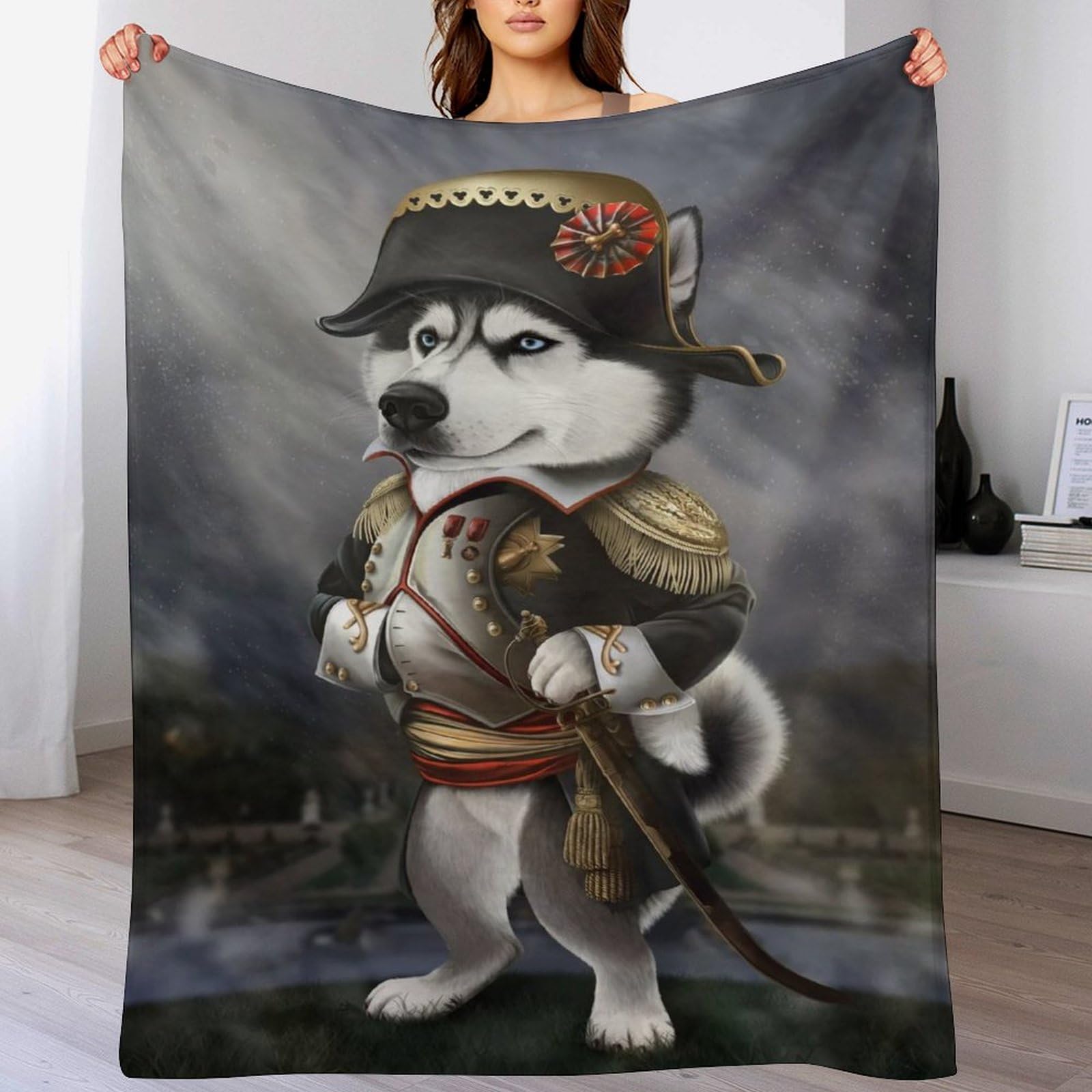 Couverture flannel 180x200cm grand lit motif Husky 3D chaud et moelleux