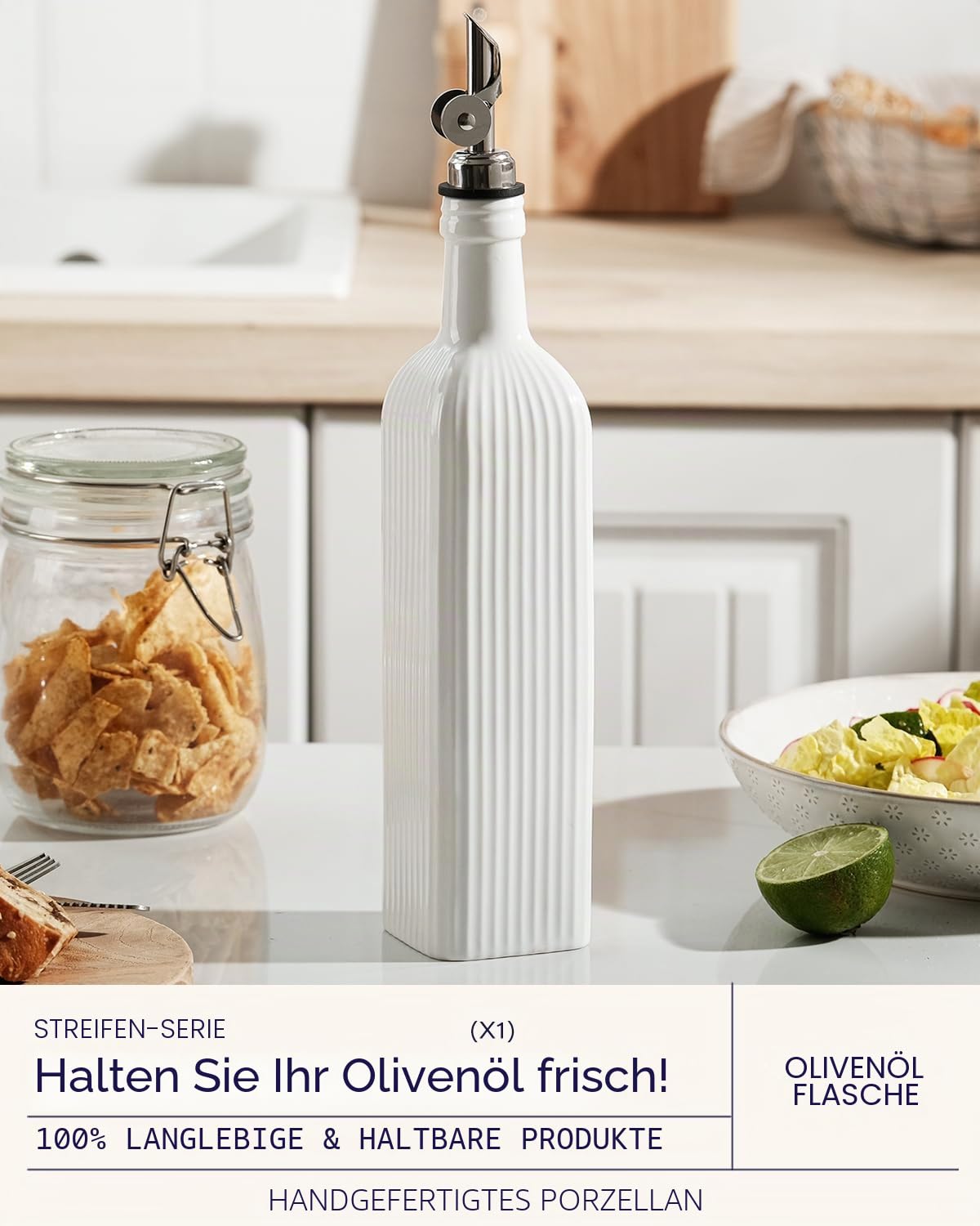 getstar Olivenöl Spenderflasche für Küche, Keramik Öl Flasche mit Automatischem Edelstahl Ausgießer, G8943