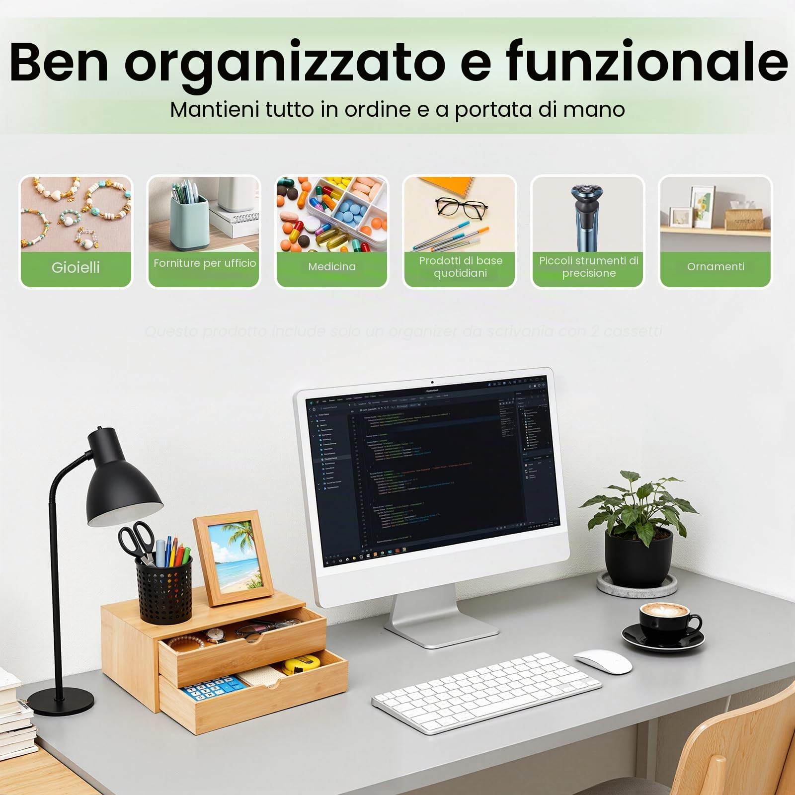 Organizzatore per Scrivania, Cassetto in Bambù Mini Cassettiera, Design Monopezzo, Scaffalatura per Trucco con 2 Cassetti per Ufficio, Soggiorno e Camera da Letto