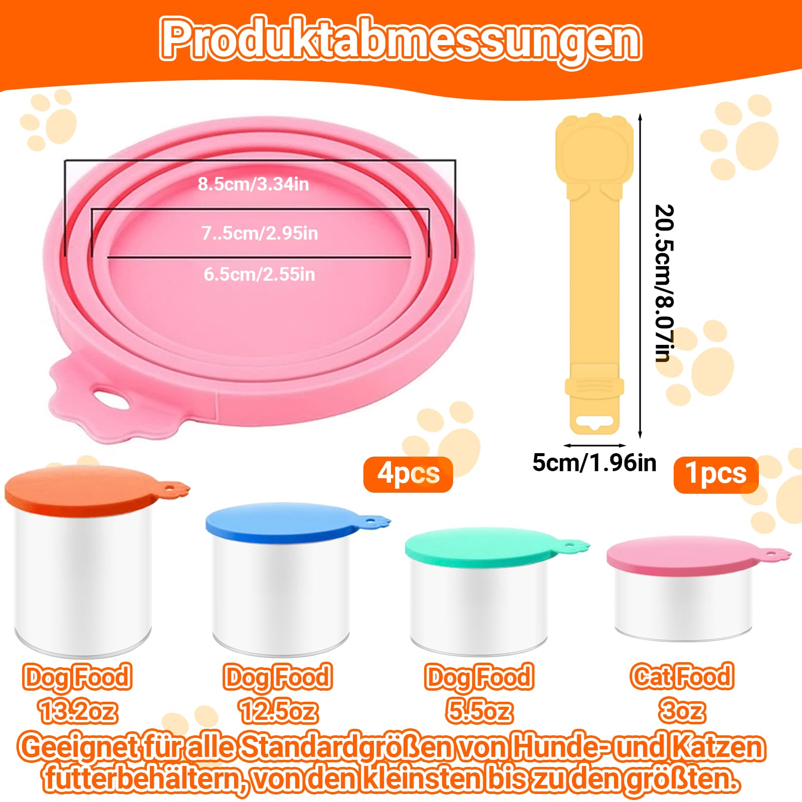 4 Couvercles Silicone + Cuillère – Couvercles Universels (6,5/7,5/8,5 cm), Extensibles & Réutilisables, Sans BPA, Lavable au Lave-vaisselle – Pour Boîtes de Nourriture Animaux