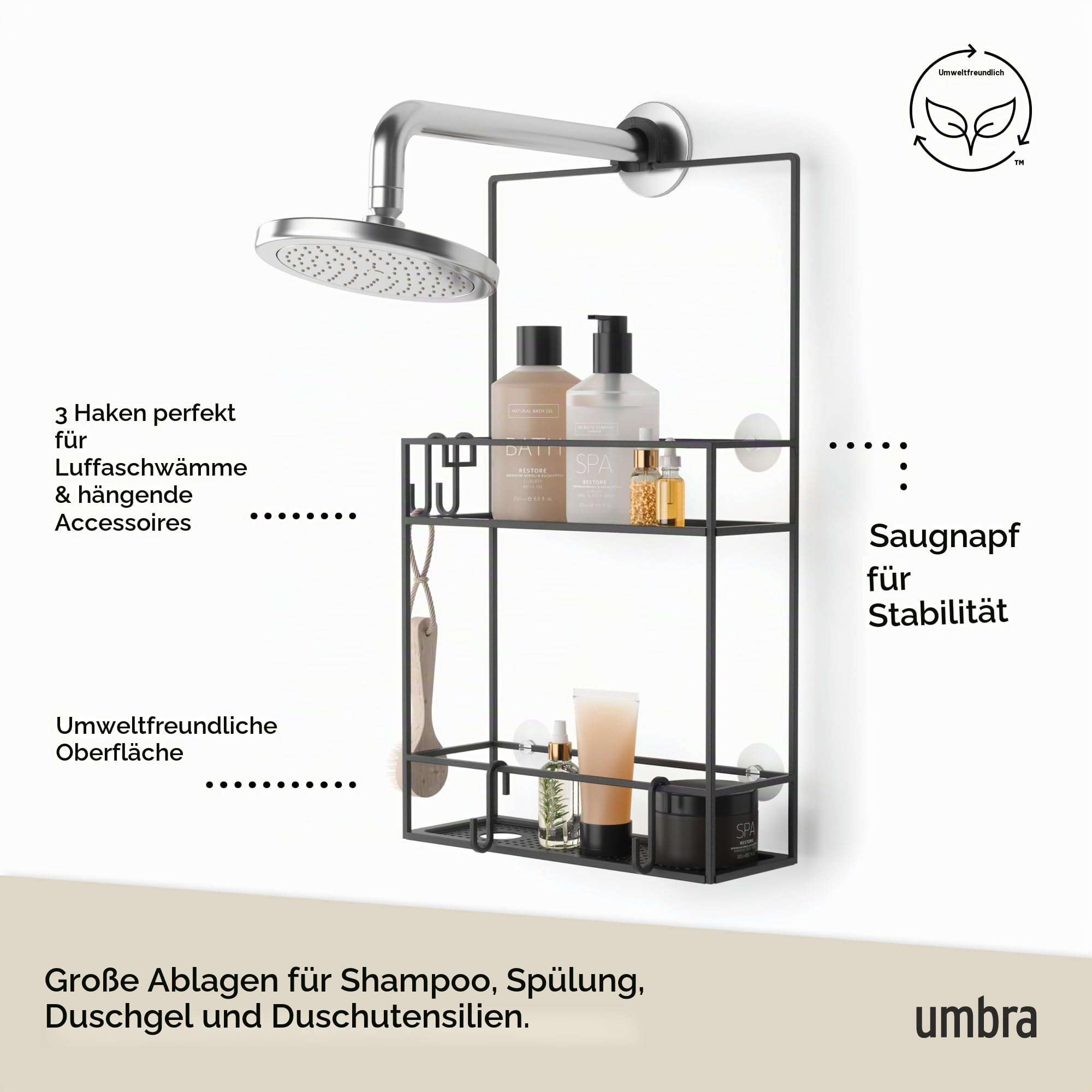 Umbra Cubiko Duschablage, Schwarz | Über dem Duschkopf oder Tür, integrierte Ablauflöcher, S-Haken für Rasierer und Schwamm, 2 Ablagefächer
