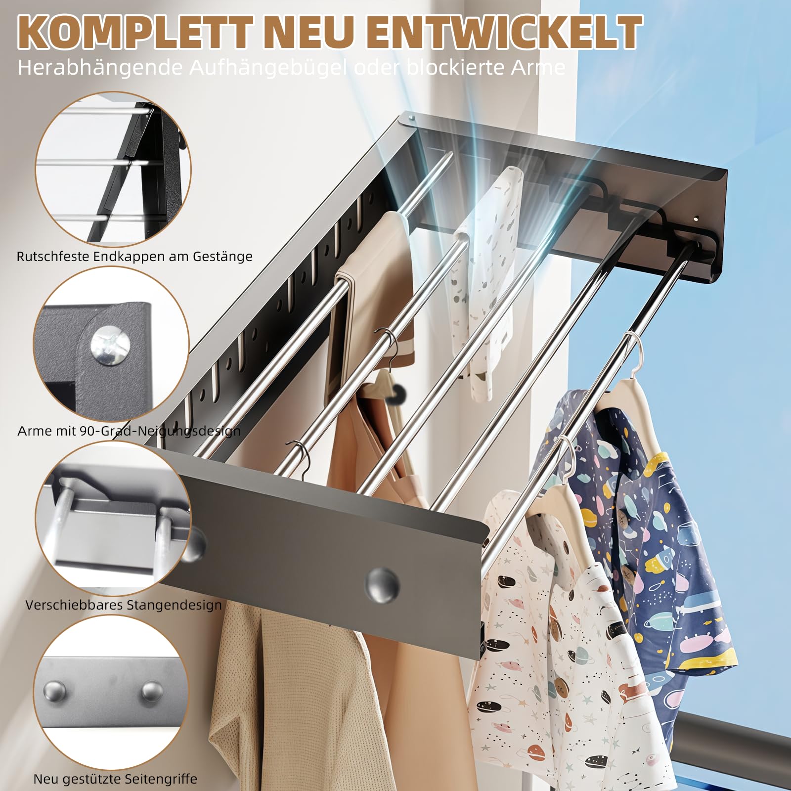 Wäscheständer, Wandmontage aus Kohlenstoffstahl, 60 cm ausziehbare Wäscheleine mit 4 Haken, Tragkraft 25 kg, platzsparender Handtuchhalter, geeignet für Balkone, Terrassen und Badezimmer (Schwarz)