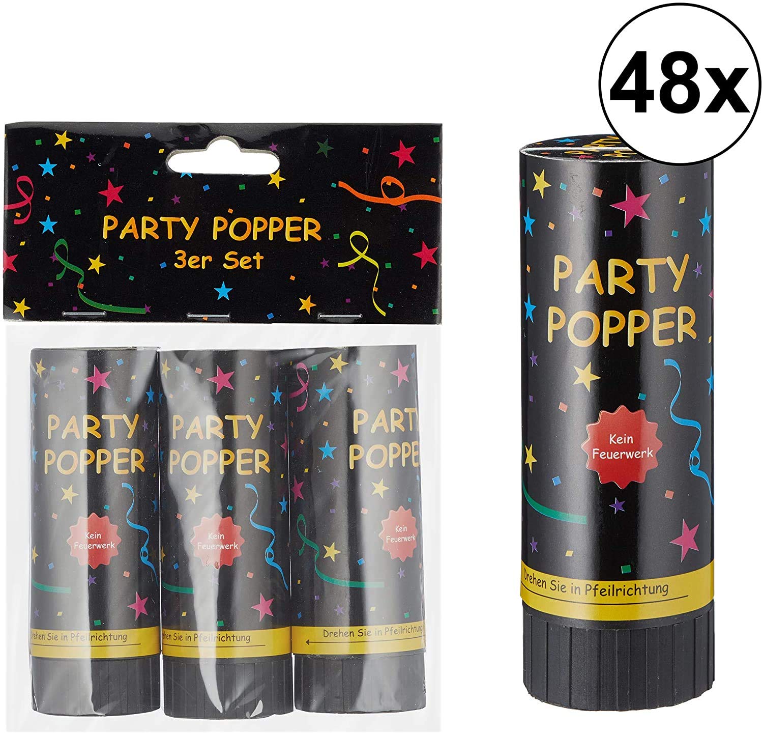 144 x Party-Popper im 3er Set Konfetti Partydekoration Partykanone mehrfarbig 11 cm (144 x Party-Popper)