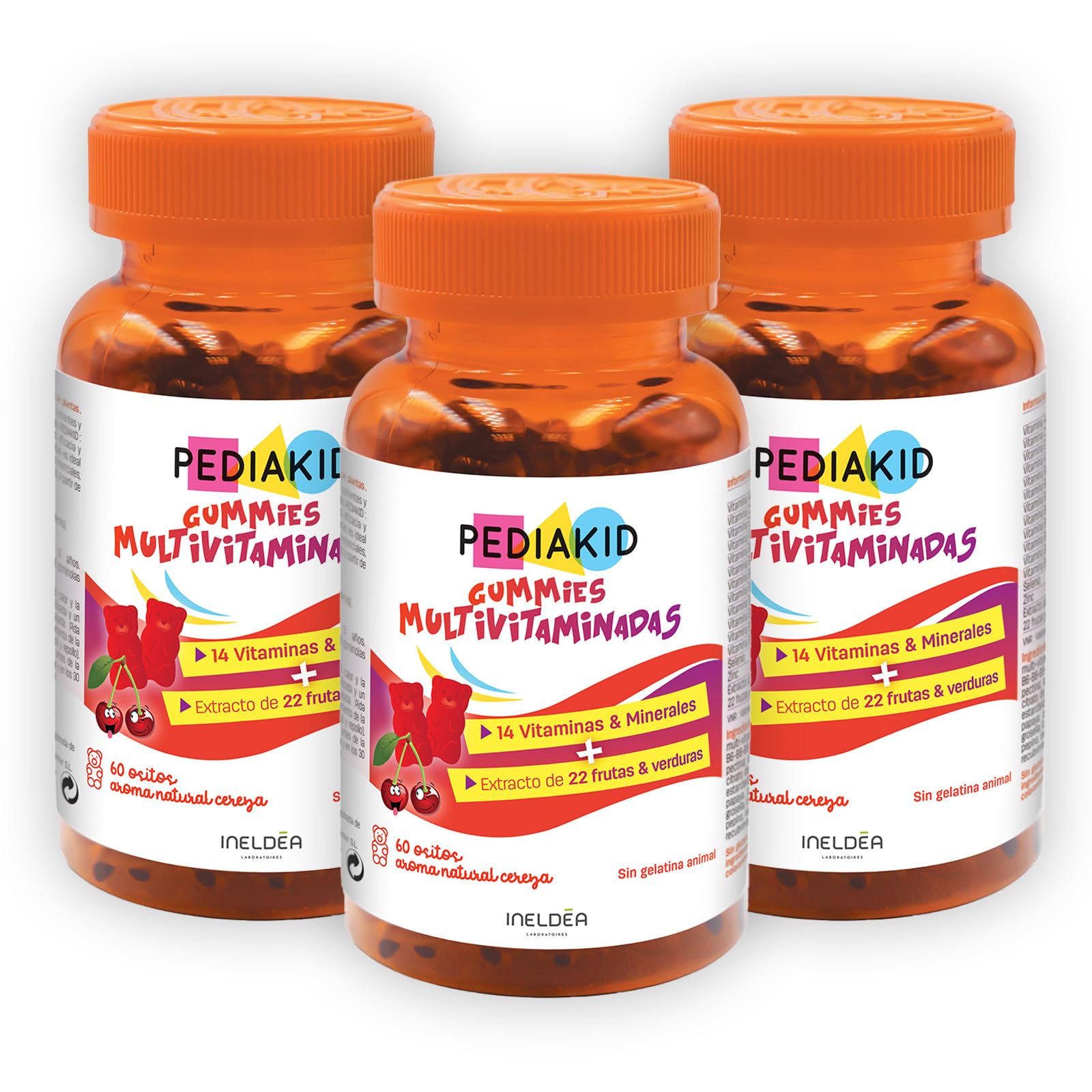 PEDIAKID - Gummies Multivitaminadas - Fórmula Natural con Delicioso Aroma de Cereza - Ayuda a Reducir la Fatiga - Refuerza las Defensas Naturales del Organismo - Lote de 3