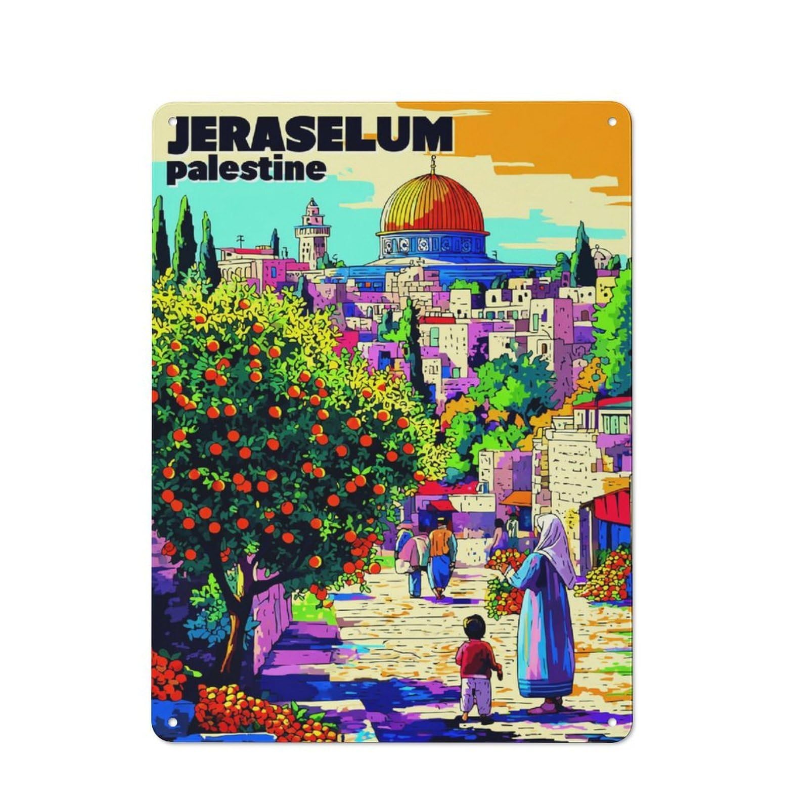 Junmoney Jerusalem A Vibrant Cityscape -4 Metal Wall Plaque With Design 40X30cm, Old Fashioned Vintage Wall Decor For Living Room, Hallway, Kitchen Or Cafe