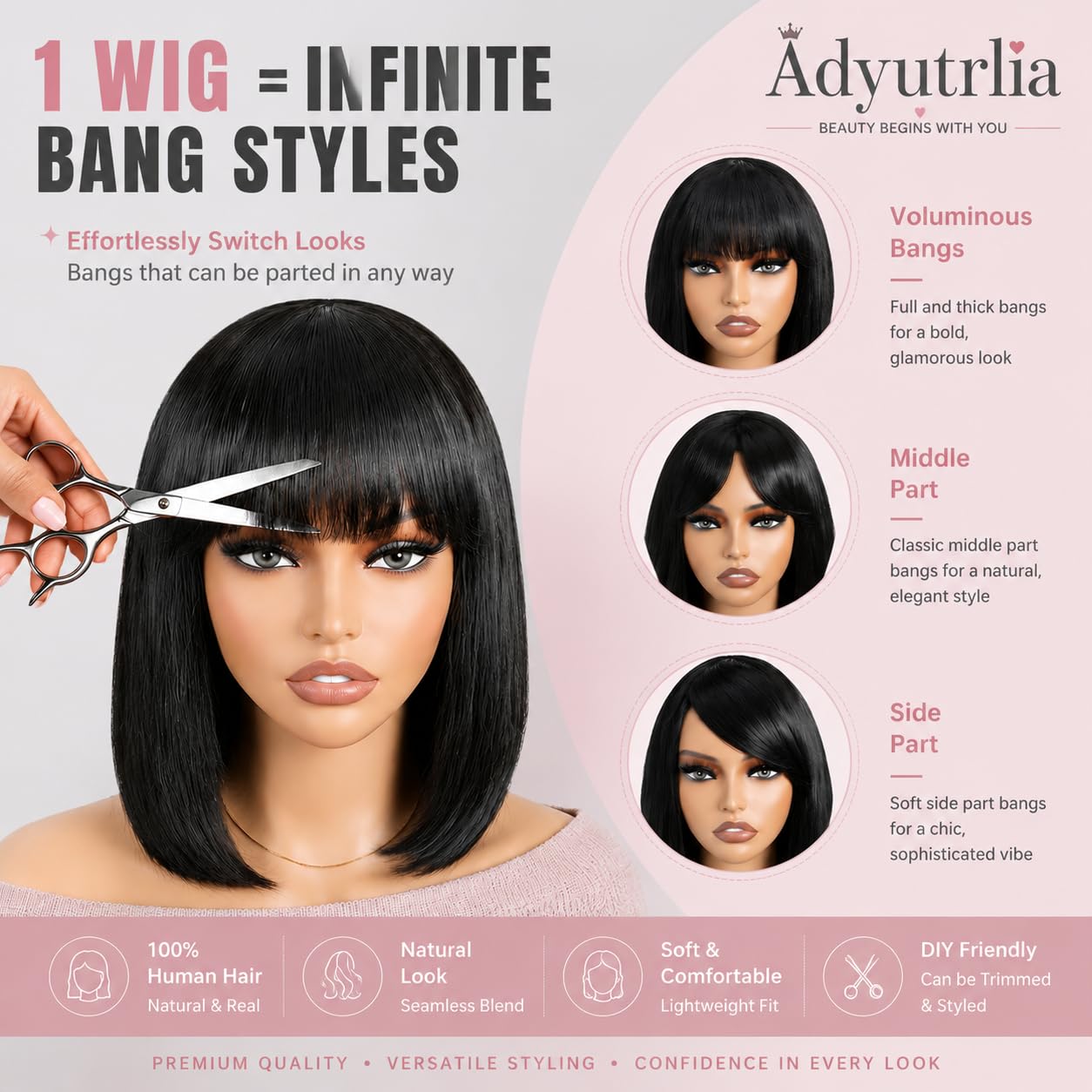 Straight Bob Wig Human Hair with Bangs, Glueless 2x4 HD Lace Closure