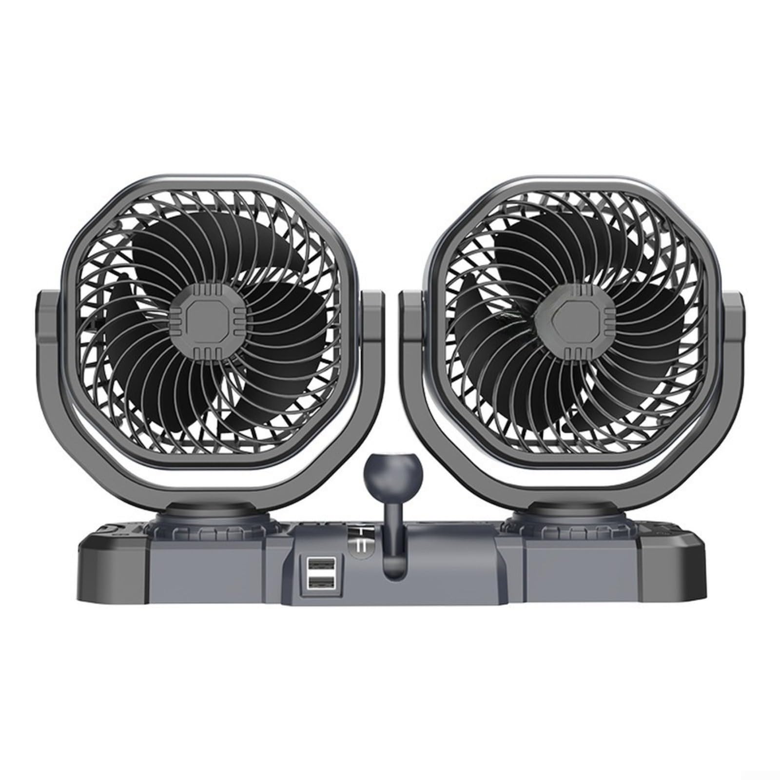 Ventilador de coche de doble cabezal 12 V 24 V con función giratoria automática y puerto USB, funcionamiento silencioso para camiones, coches, camping, gris (B)