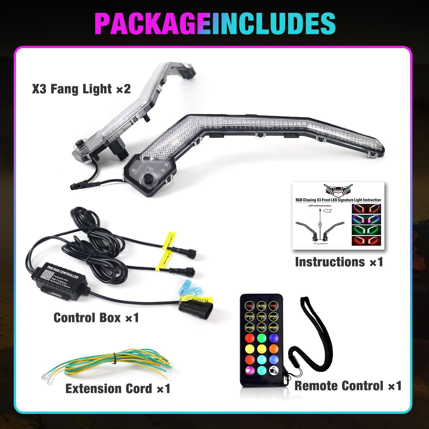 RGB LED Front Signature Beam Lights Replacement for Can Am Maverick X3 XDS XRS Max Turbo R 2017-2024,with DRL Turn Signal X3 Fang Light Assembly, IP68 Waterproof,Plug and Play,Remote/App Control
