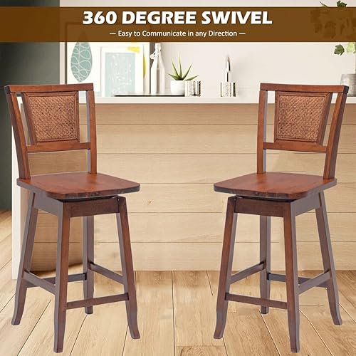 Miniatura 9 de Taburete de bar, silla alta, taburete de bar de altura de asiento de 24.5 pulgadas, taburete de madera giratorio de 360° con respaldo de ratán,