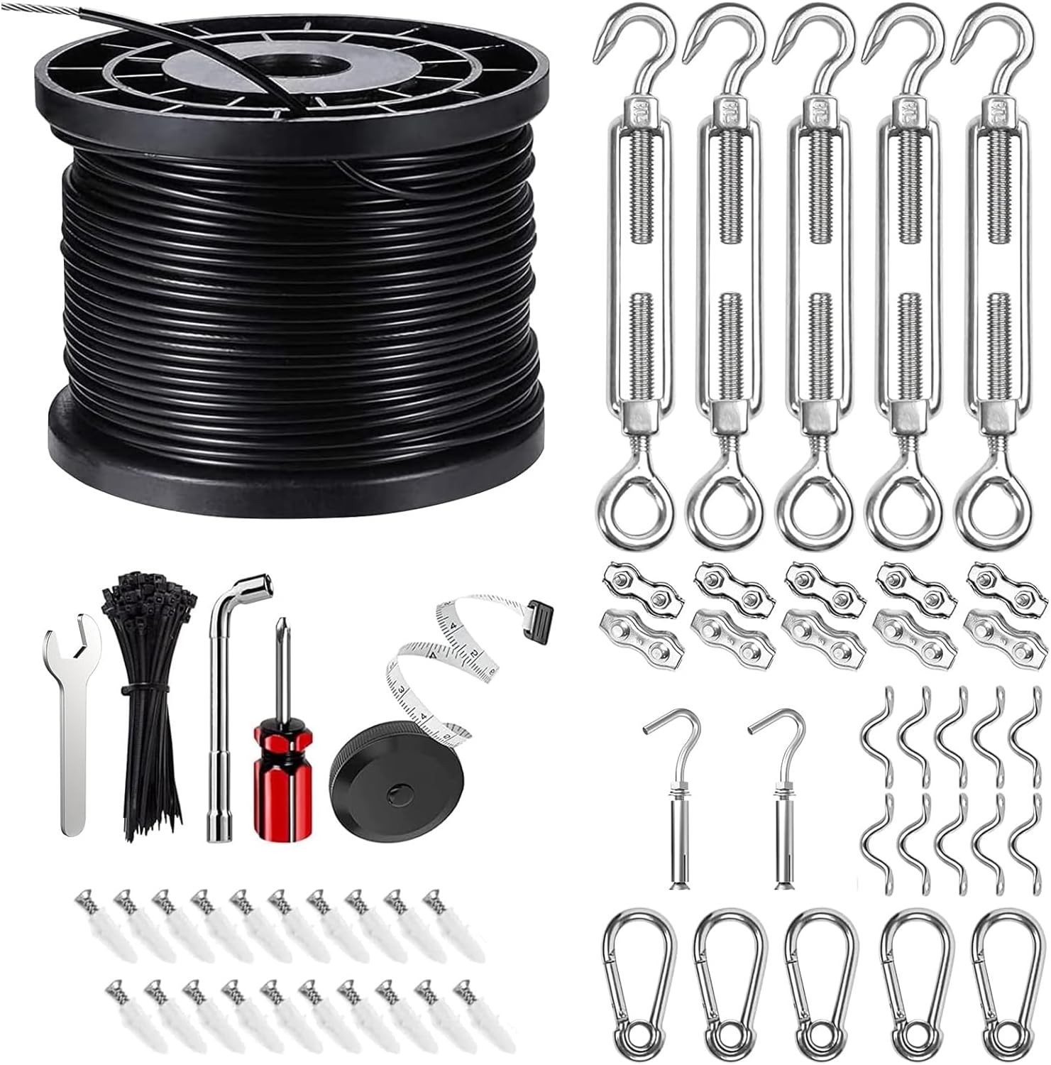 Upgraded Outdoor String Light Hanging Kit, 350ft Globe String Light Suspension Kit w/Expansion Hook, Stainless Steel 304 String Light Guide Wire, Black Guy Wire kit for Wedding Dinner Barbecue