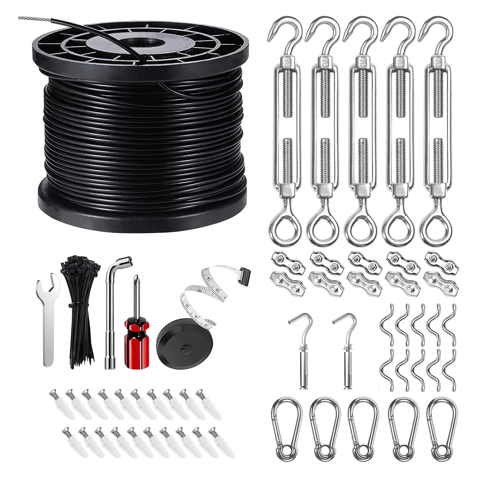 String Light Hanging Kit with 170ft Coated Stainless Steel 304 Tension Wire Rope, Outdoor Light Guide Wire kit, String Lights Suspension Kit