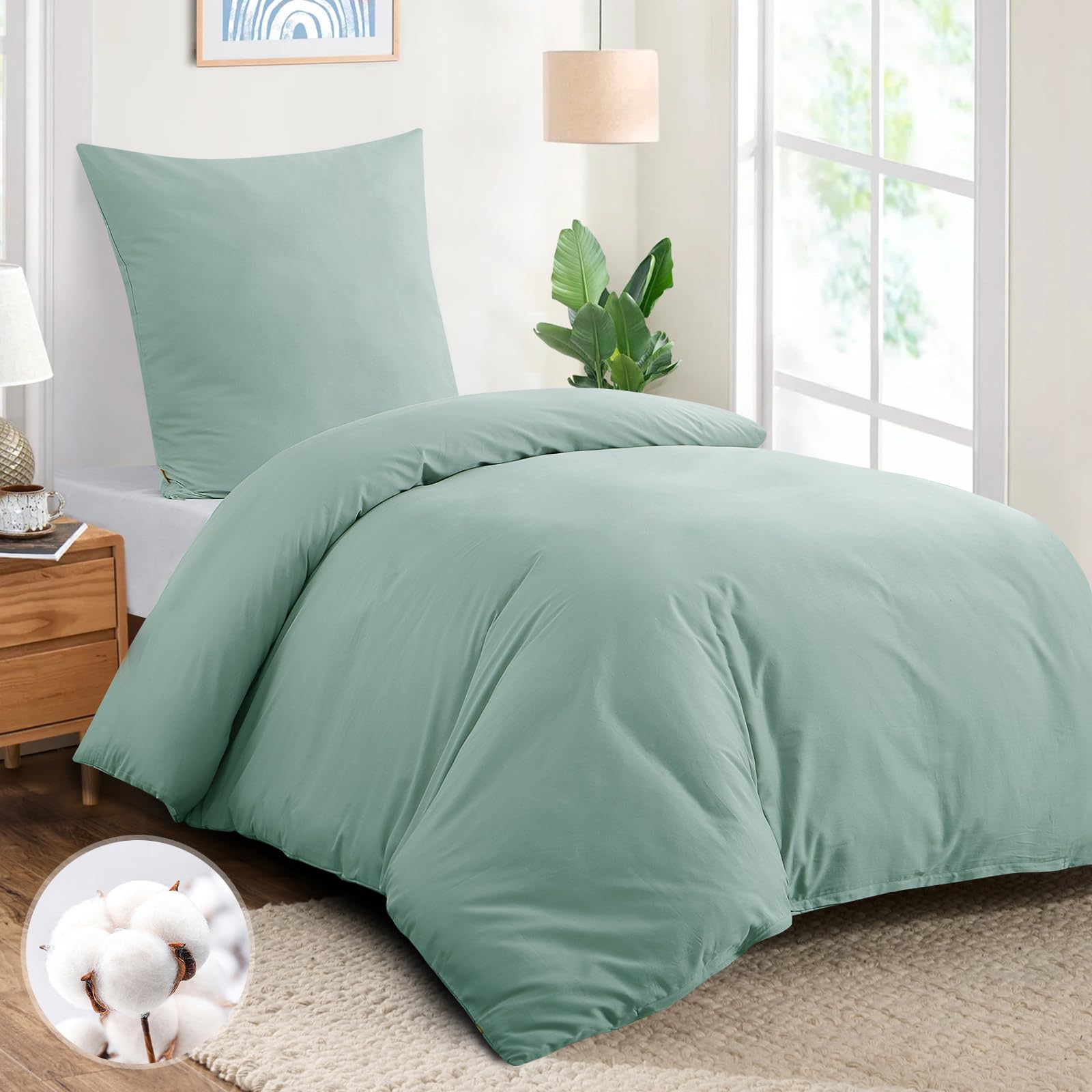 Aisbo Bettwäsche 155x220 Baumwolle Grün - Bettwäsche-Sets Bettbezug 155x220 mit Kissenbezug 80x80 cm, Baumwollbettwäsche Set, Oeko-TEX Bettwäsche Grün mit Reißverschluss