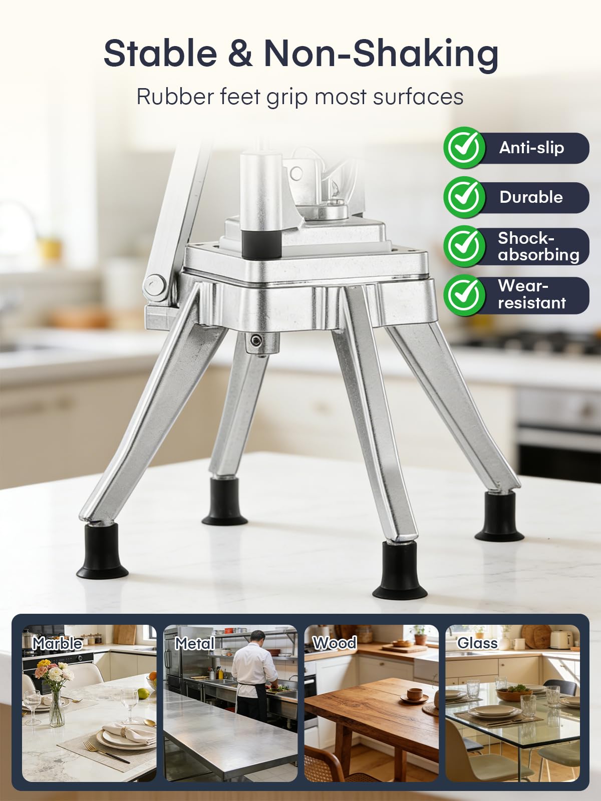 FOHERE ProductoCortador de Patatas Manual Profesional de Acero Inoxidable – Utensilio de Cocina para Restaurantes – 4 Rejillas de Repuesto (13/9/6 mm) + Sacador de Manzana 6 Gajos