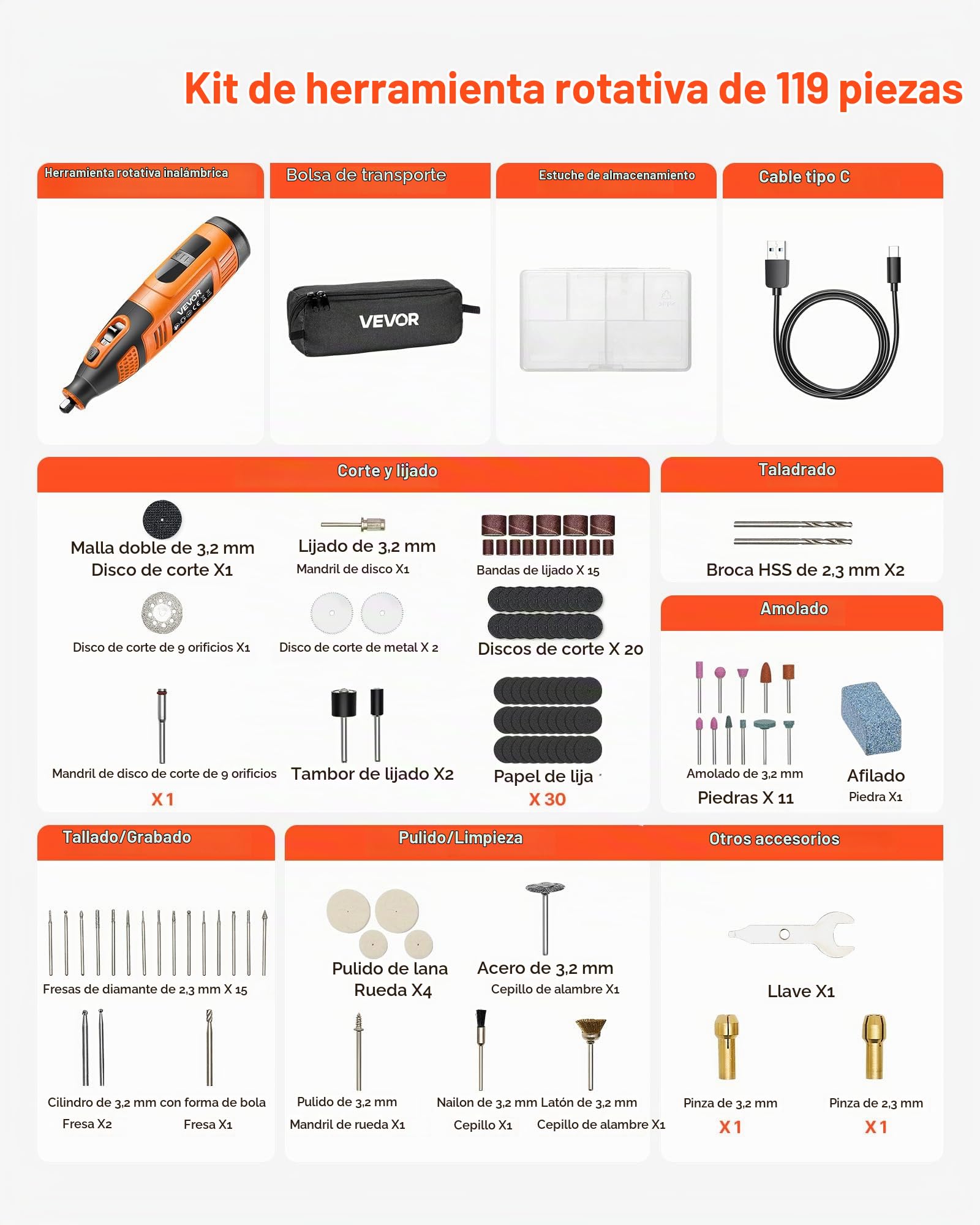 VEVOR Kit de Herramientas Rotativas Inalámbricas, 119 Piezas, Portátil, de 12 V CC, 28 Velocidades, 5000-32 000 RPM, para Grabar, Lijar, Pulir, Tallar, Cortar y Manualidades, 230 x 55 x 57 mm